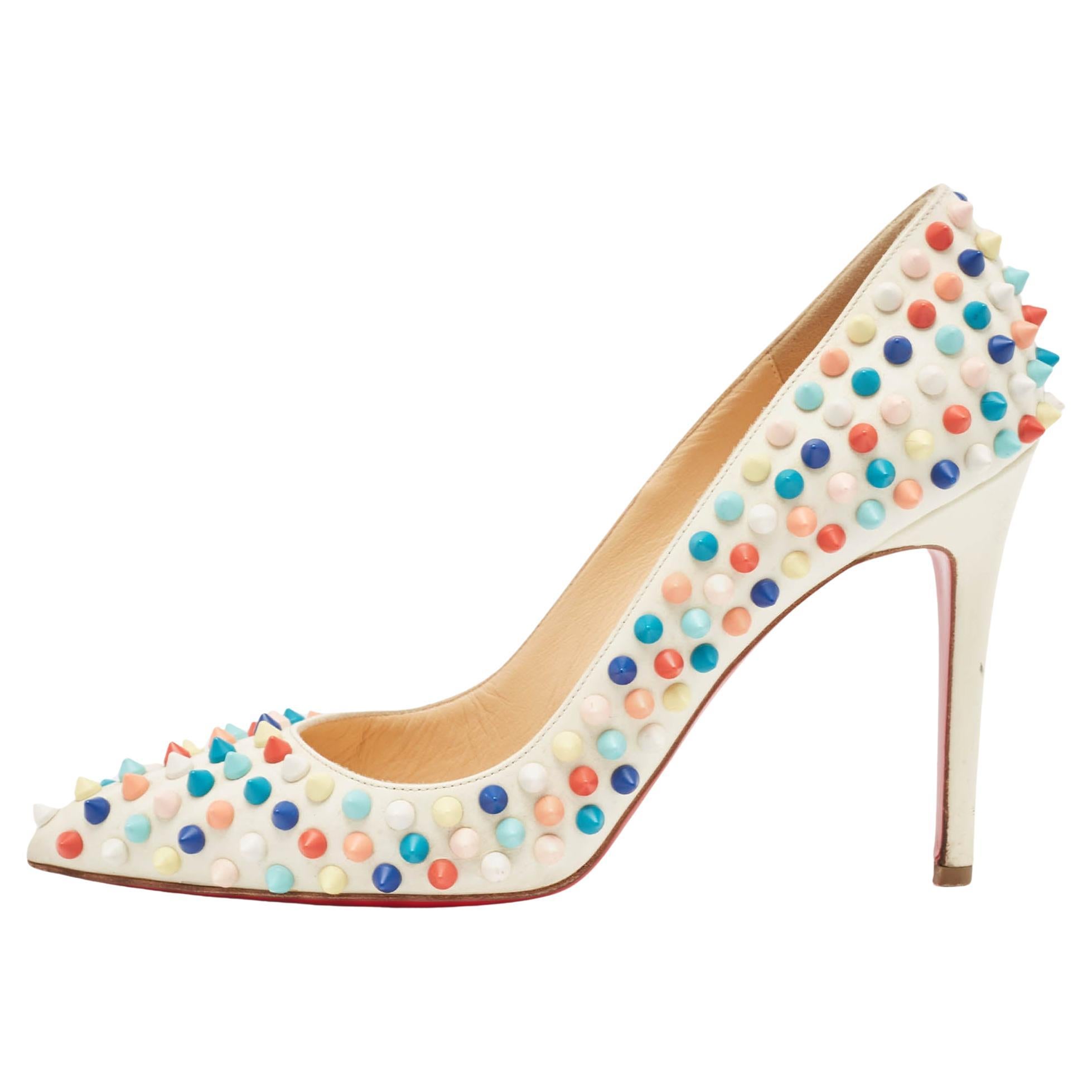 Christian Louboutin Off White Leather Pigalle Spikes Pumps Size 38.5