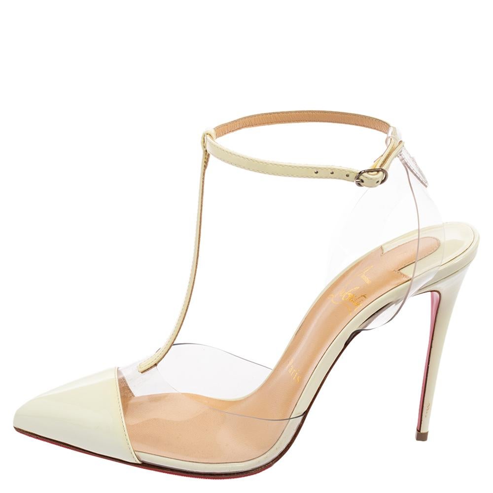 These gorgeous sandals from Christian Louboutin will add sparks of luxury to your wardrobe! The white sandals have been crafted from patent leather with PVC. They flaunt exquisite t-bar straps, simple ankle buckle closure, and stiletto heels.