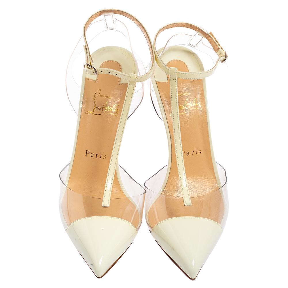 Beige Christian Louboutin Off-White Patent Leather and PVC Nosy T-Bar Pumps Size 38.5