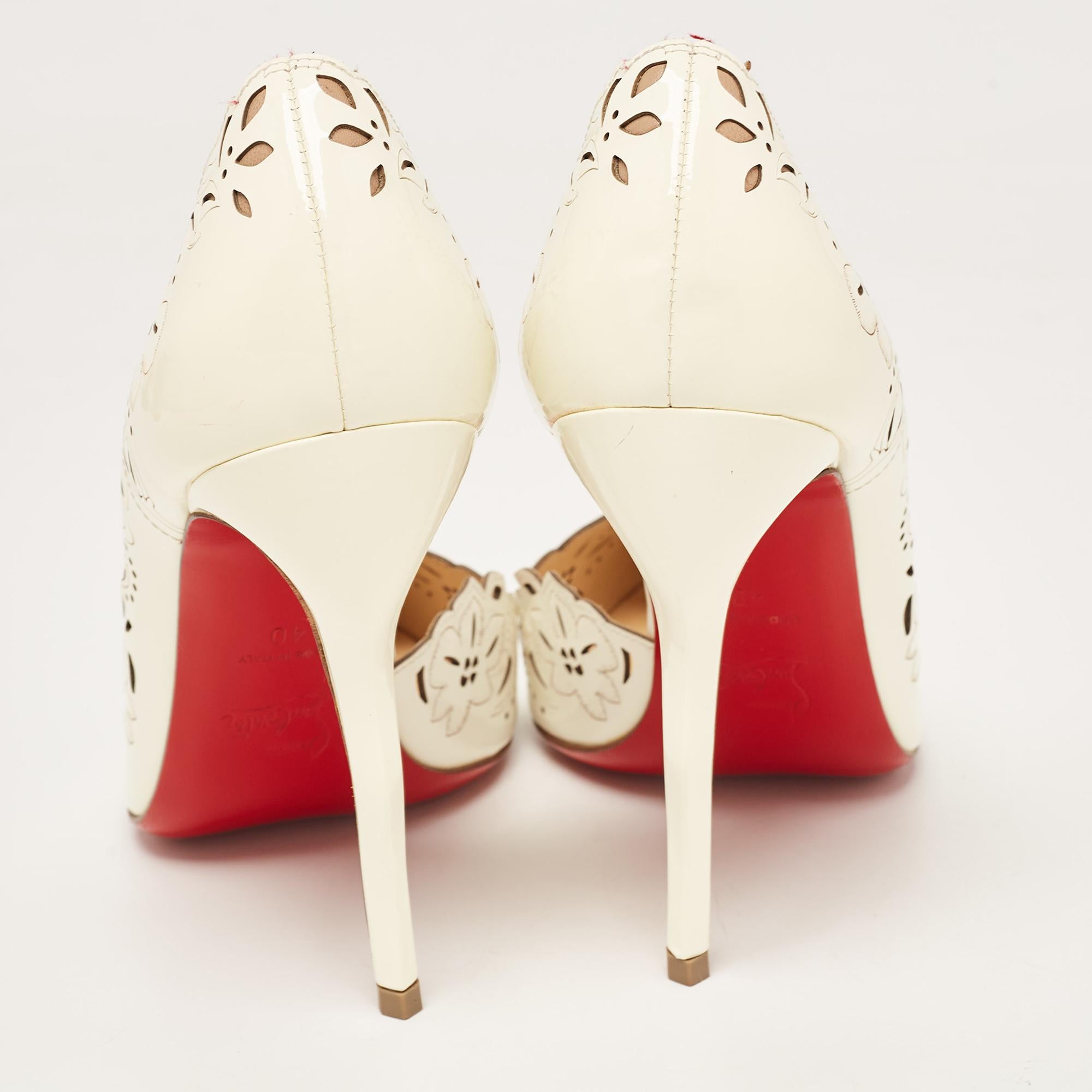 Christian Louboutin Off White Patent Leather Floral Laser Cut D'Orsay Pumps Size 2