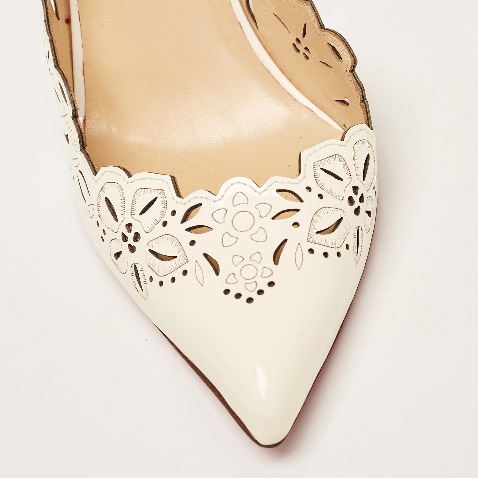 Christian Louboutin Off White Patent Leather Floral Laser Cut D'Orsay Pumps Size 3
