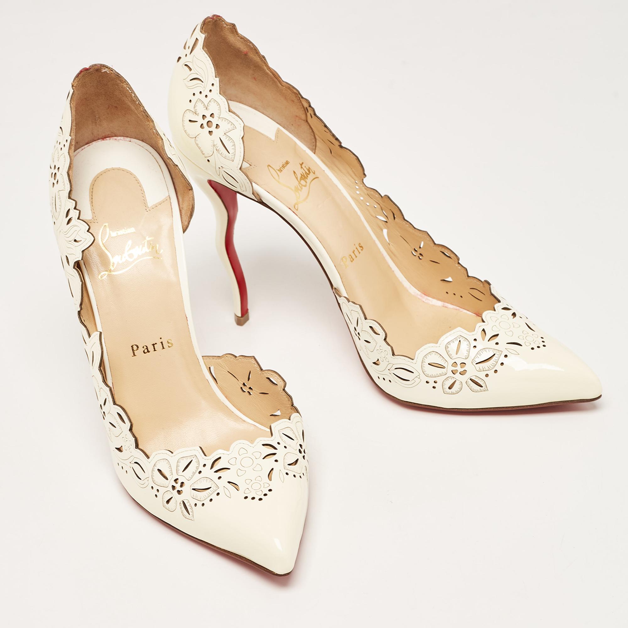 Christian Louboutin Off White Patent Leather Floral Laser Cut D'Orsay Pumps Size 4