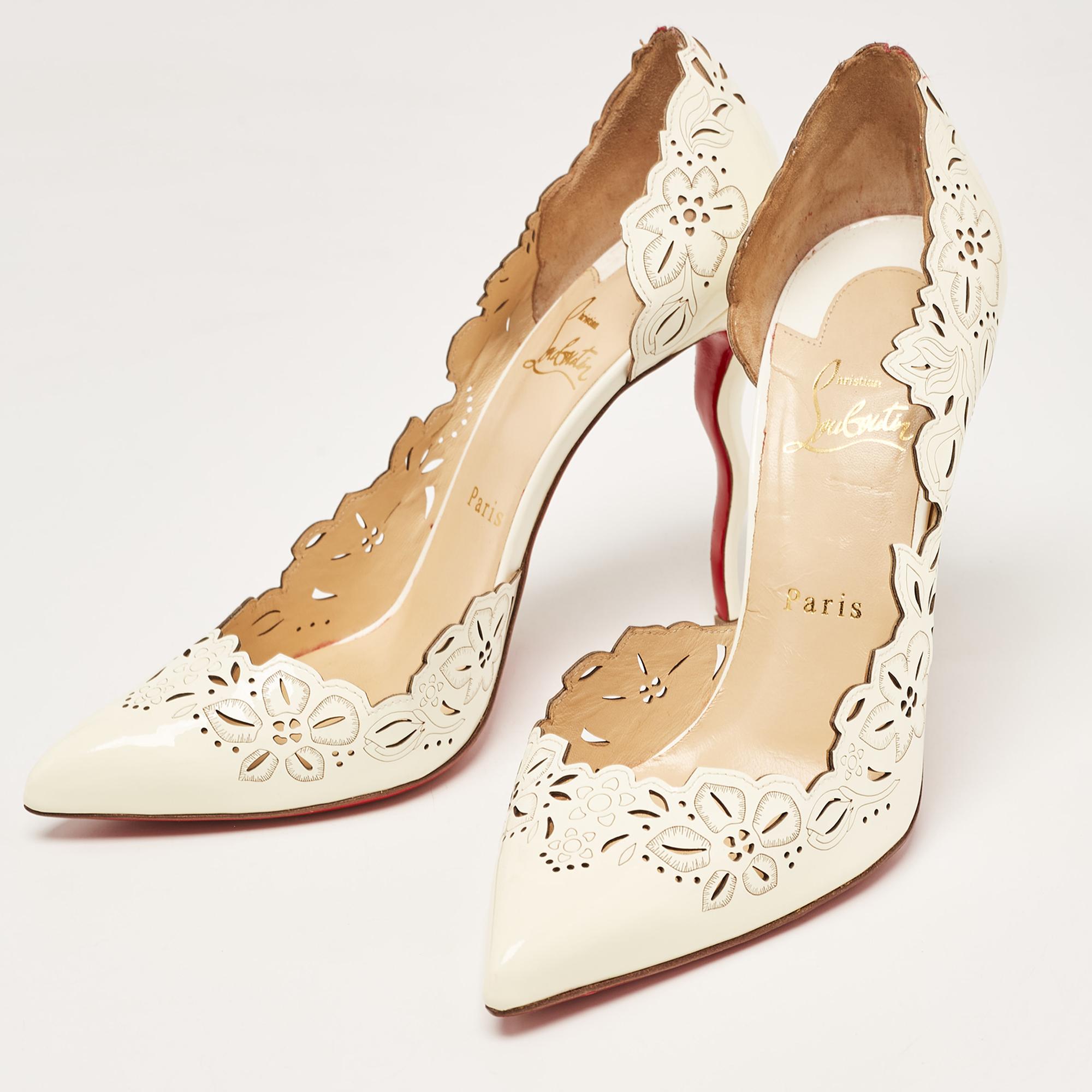 Christian Louboutin Off White Patent Leather Floral Laser Cut D'Orsay Pumps Size 5
