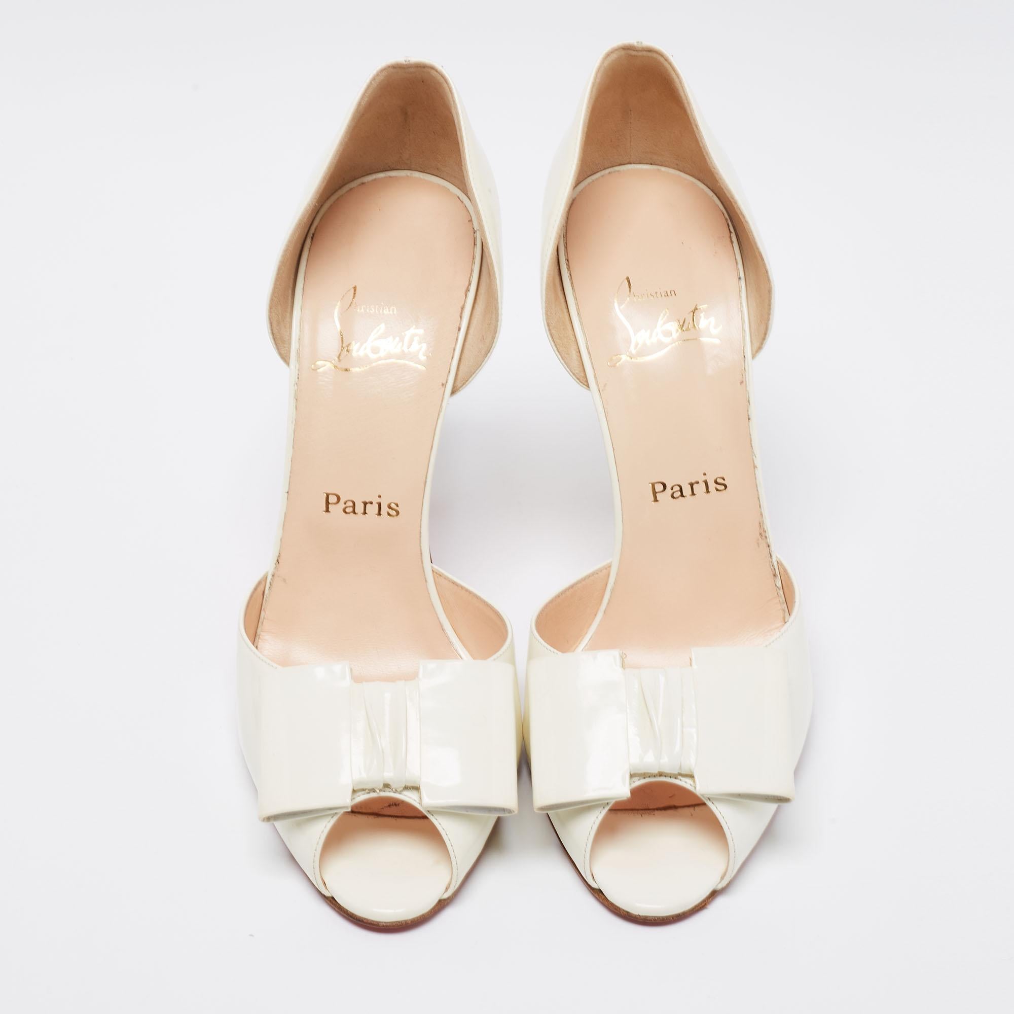 Women's Christian Louboutin Off-White Patent Leather Jolie-Noeud Peep-Toe Pumps Size 41