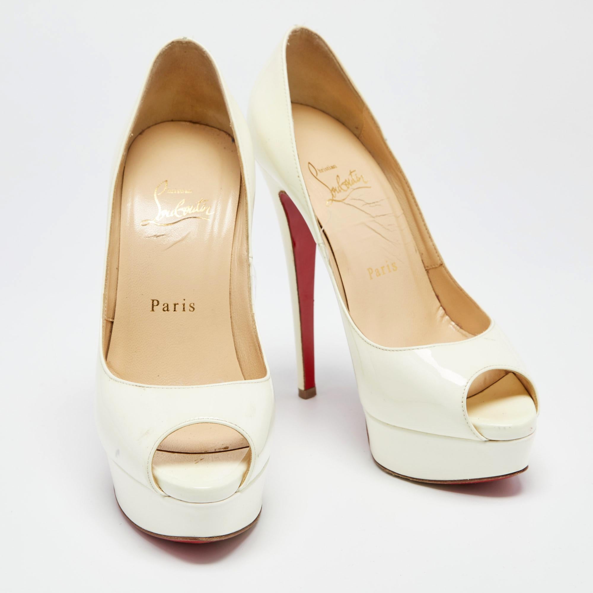 Christian Louboutin Off-White Patent Leather Lady Peep-Toe Platform Size 36.5 In Good Condition In Dubai, Al Qouz 2