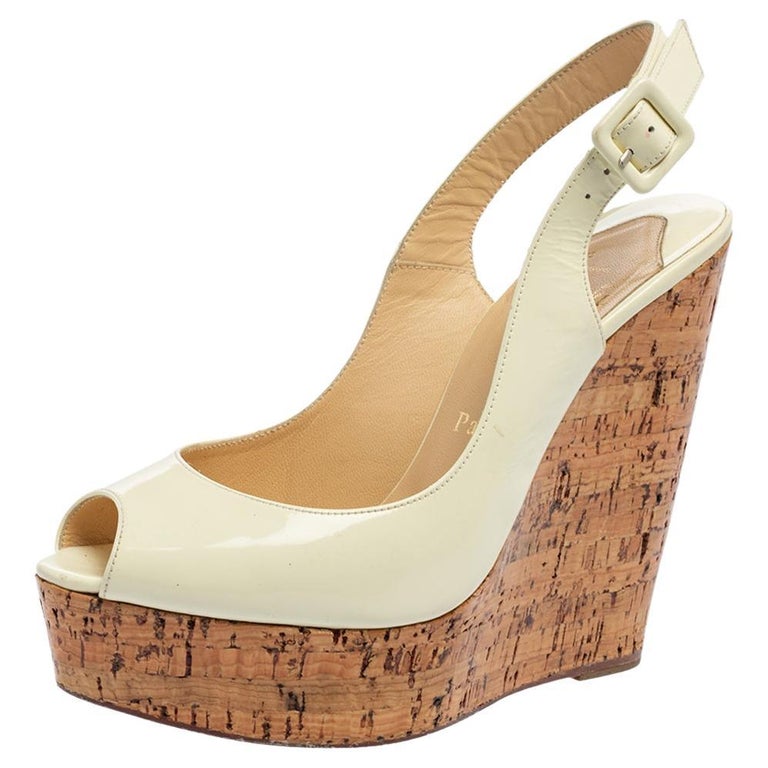 Christian Louboutin Off-White Patent Leather Une Plume Wedge Sandals Size  37 For Sale at 1stDibs