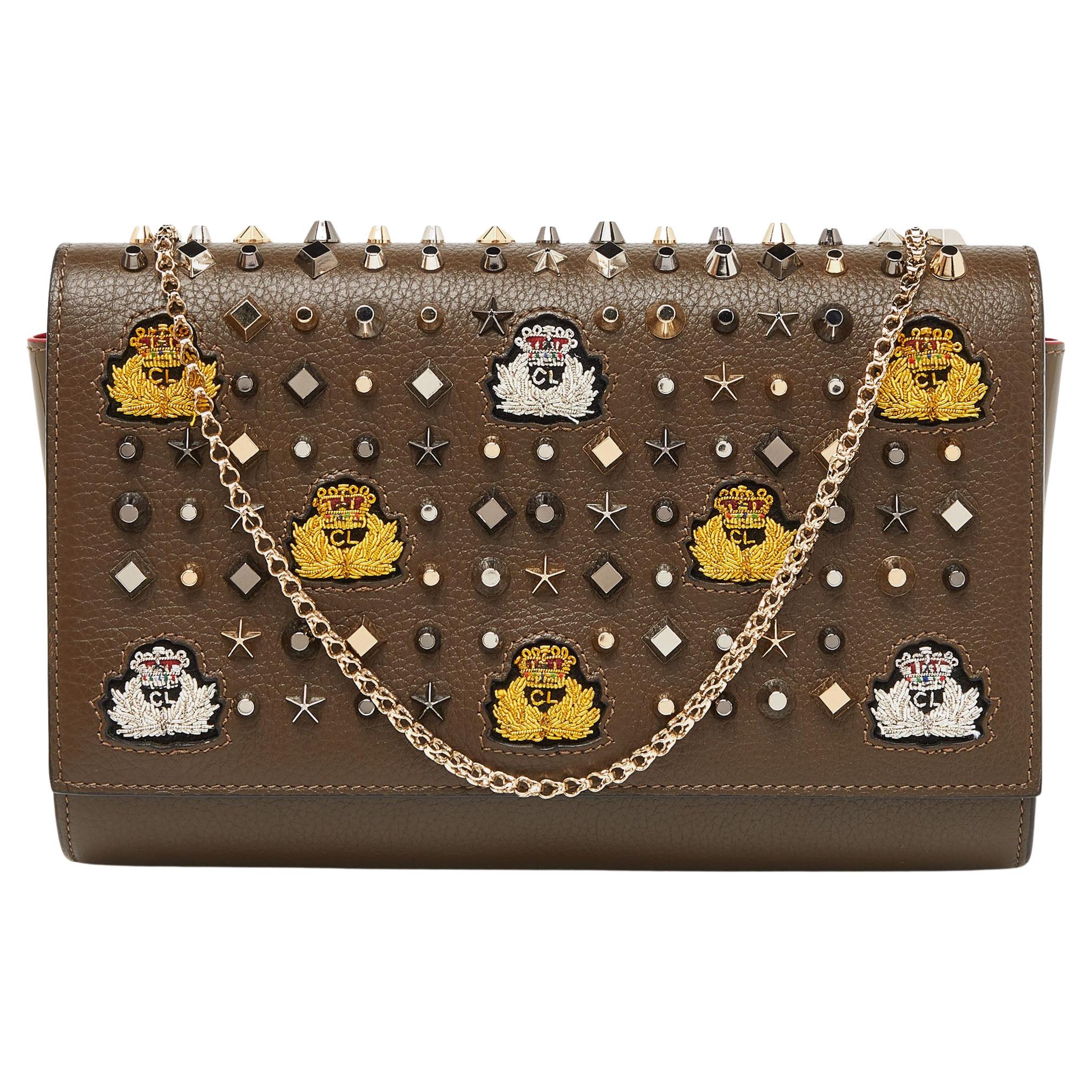 Christian Louboutin Olive Patent and Leather Paloma Embellished Chain Clutch For Sale