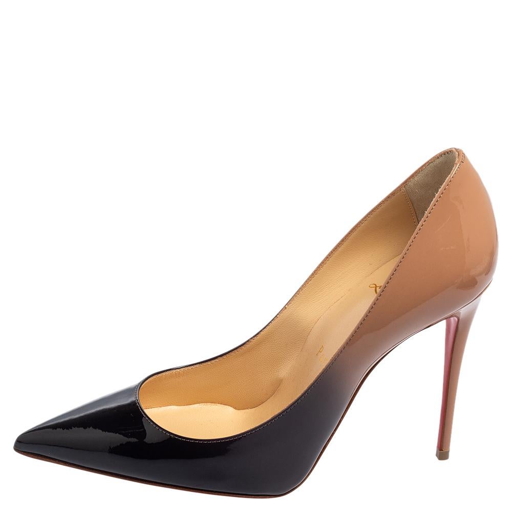 The So Kate pumps from Christian Louboutin are named after Kate Moss, an iconic British supermodel. They were designed with selective features that inherited the brand's signature skill and legacy effortlessly. Made using ombre beige-black patent