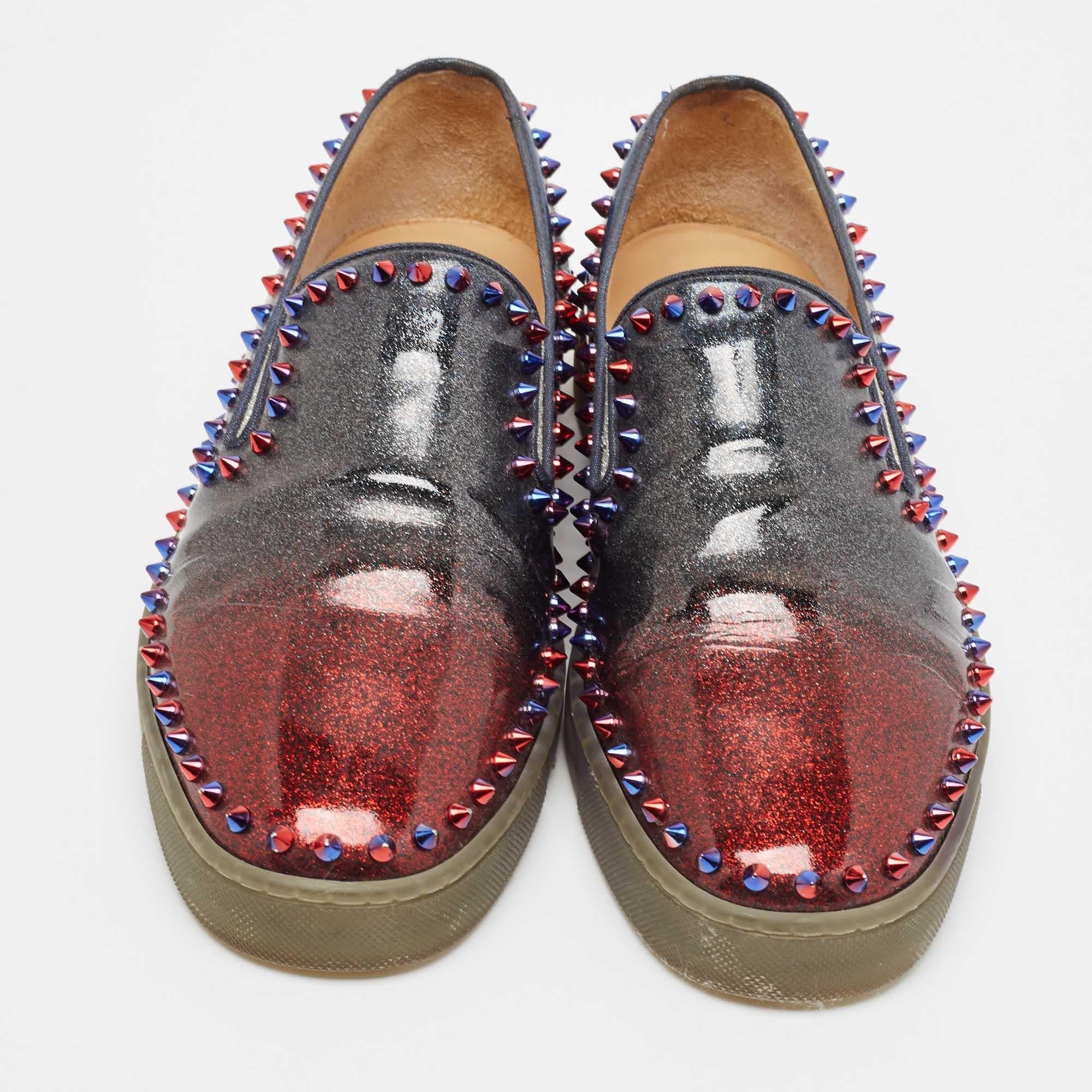 Gray Christian Louboutin Ombre Glitter Patent Leather Pik Boat Sneakers Size 42.5 For Sale