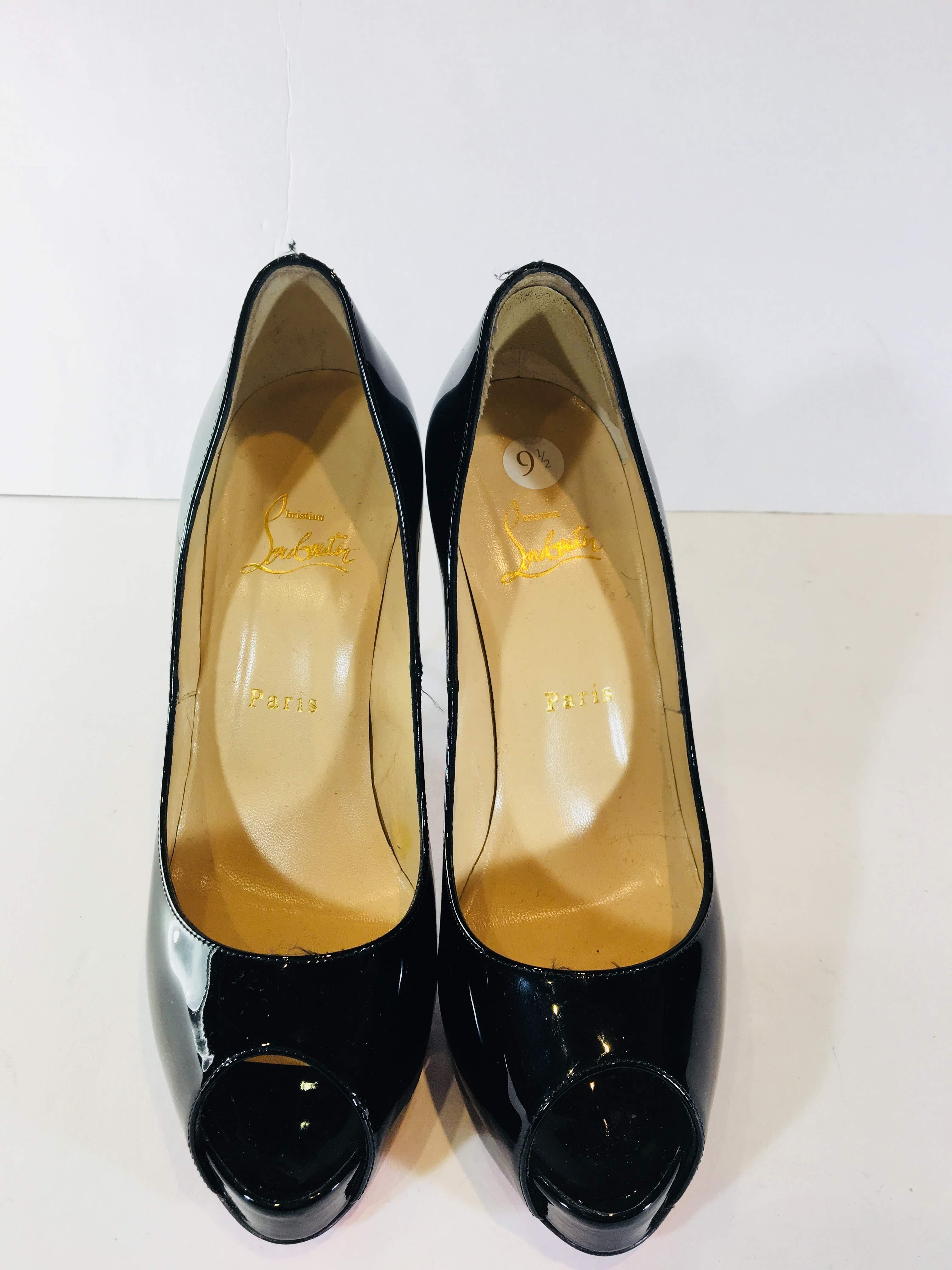 Christian Louboutin Size 39.5 Black Patent Leather Open Toe Pumps 