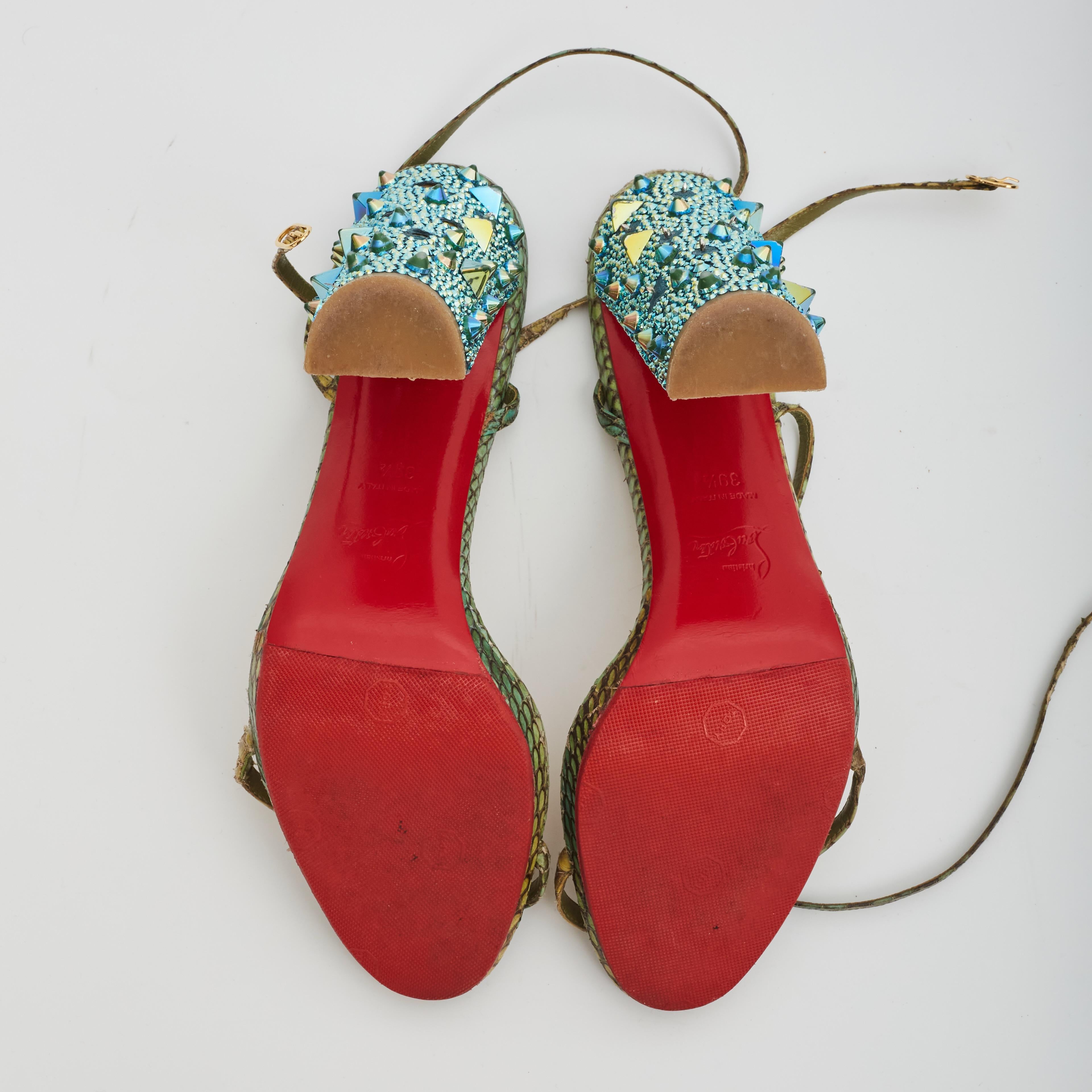 Women's Christian Louboutin Open Toe Teal Jewel Studded Heel (EU 39  US 8)