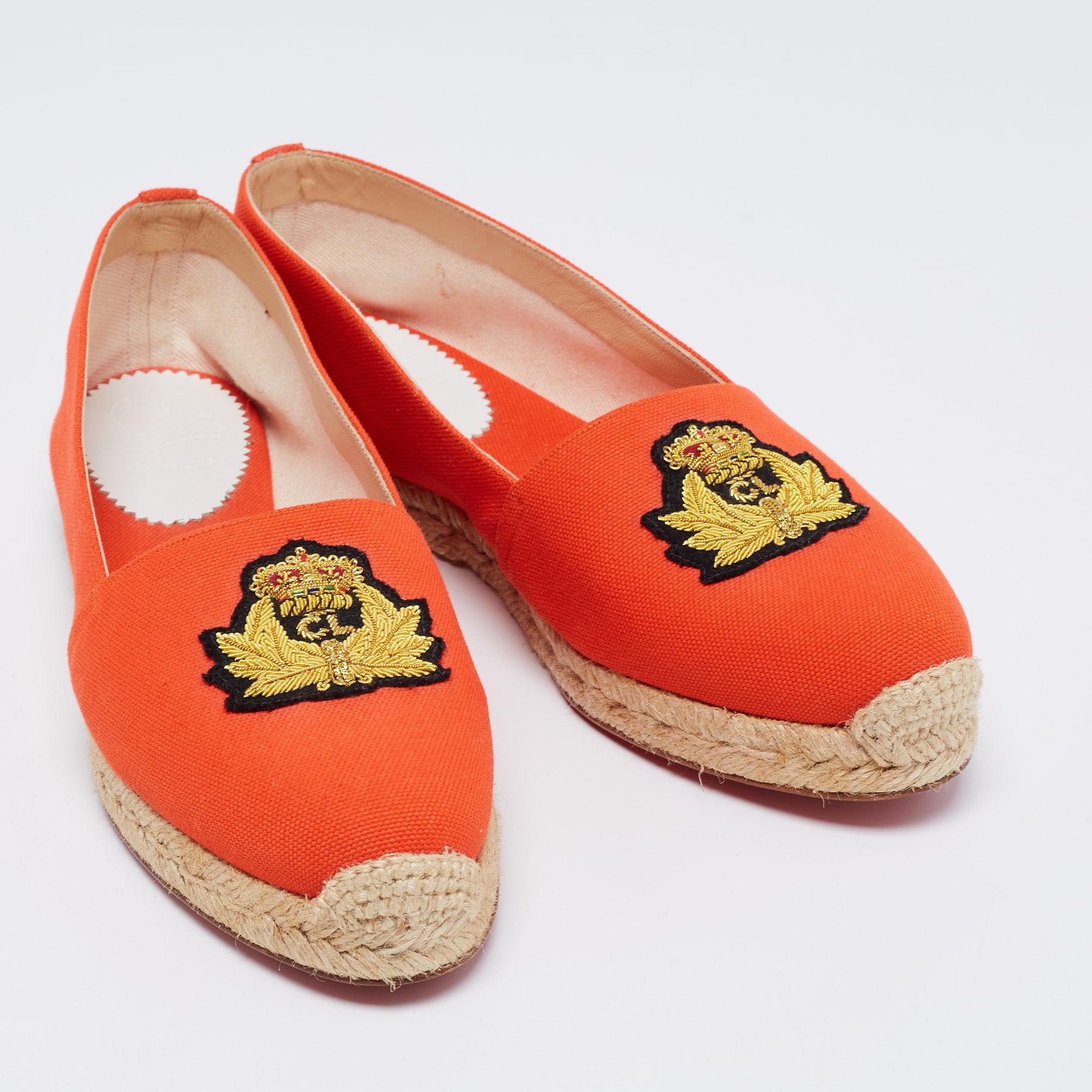 Red Christian Louboutin Orange Canvas Gala Embroidered Crest Espadrille Loafers For Sale