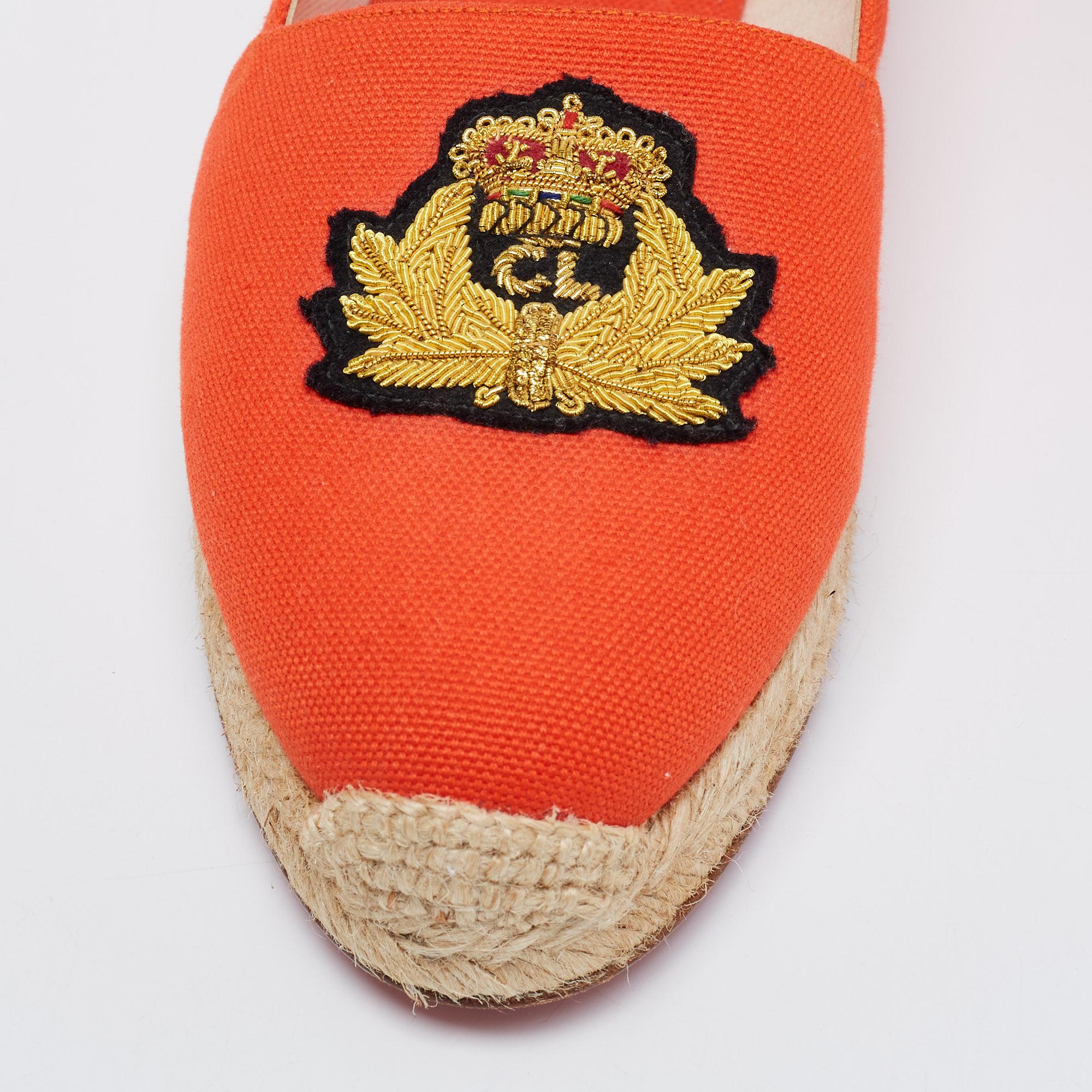 Christian Louboutin Orange Canvas Gala Embroidered Crest Espadrille Loafers For Sale 1