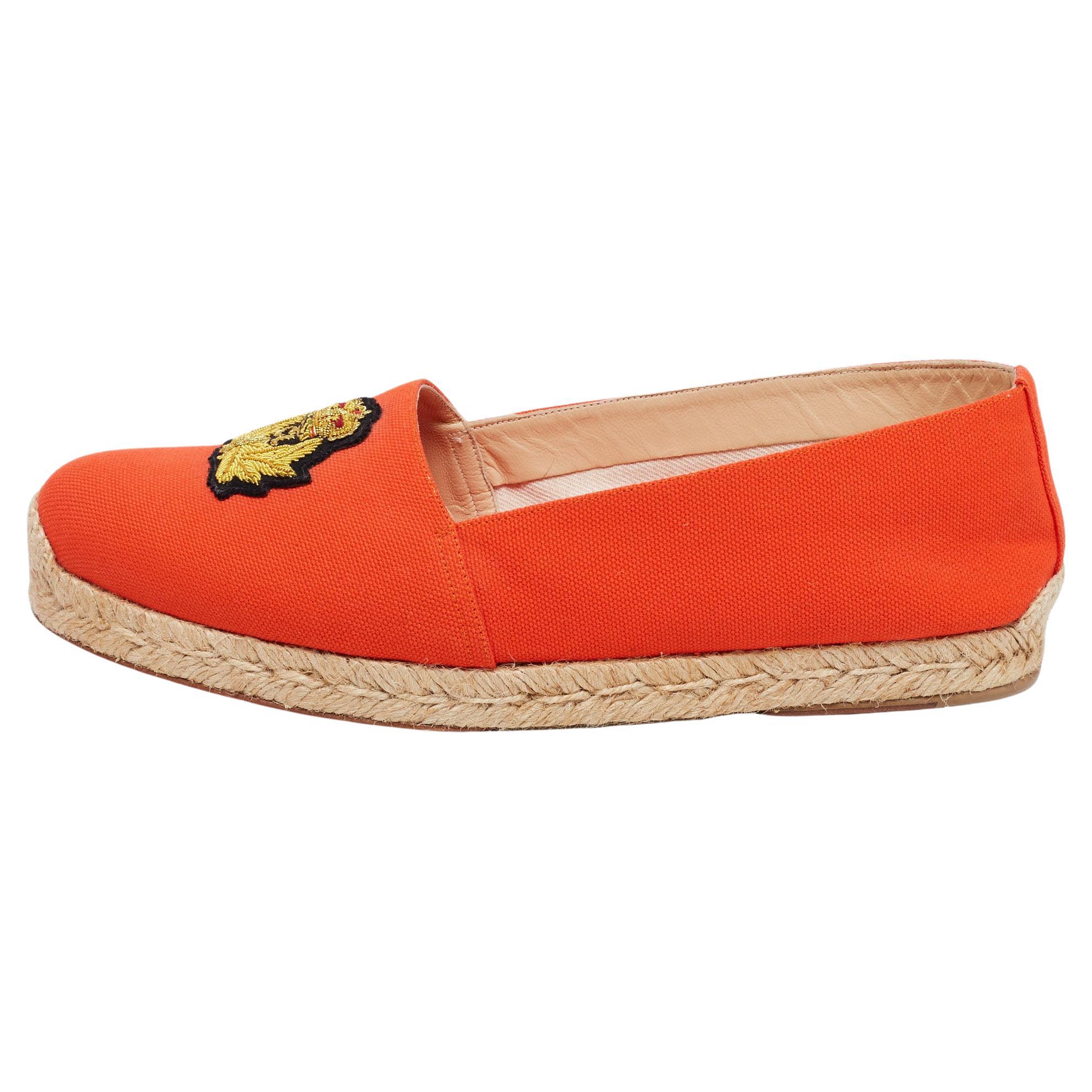 Christian Louboutin Orange Canvas Gala Embroidered Crest Espadrille Loafers For Sale