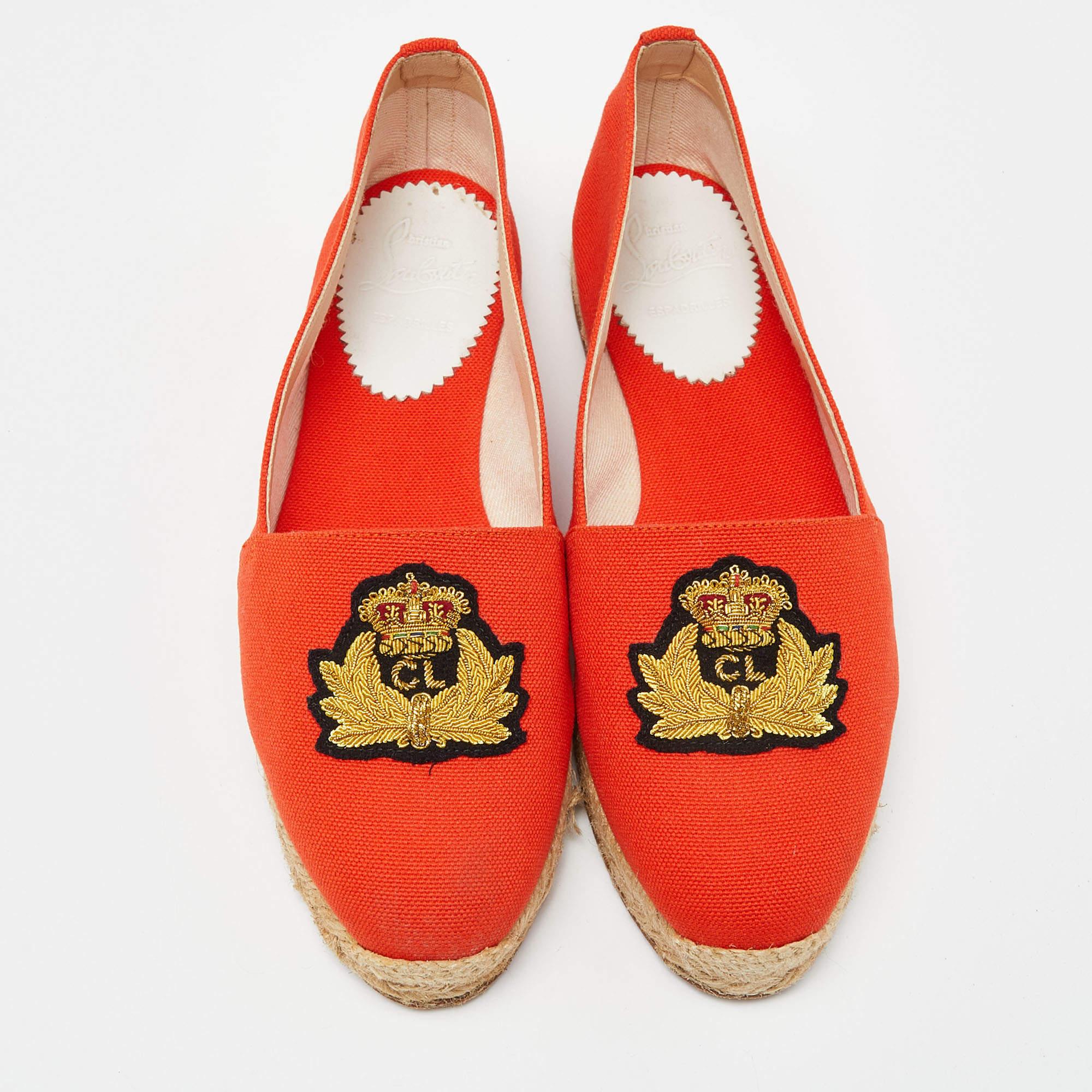 Rouge Christian Louboutin Espadrilles Galia en toile orange, taille 38 en vente