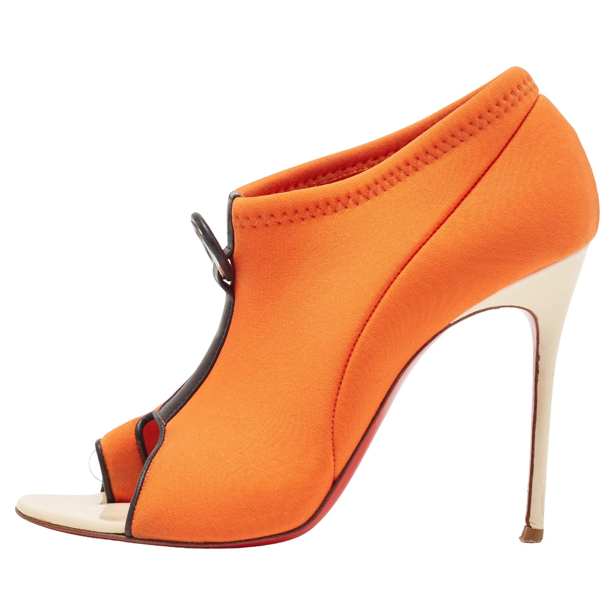 Christian Louboutin Orange Fabric Peep Toe Sandals Size 38 For Sale