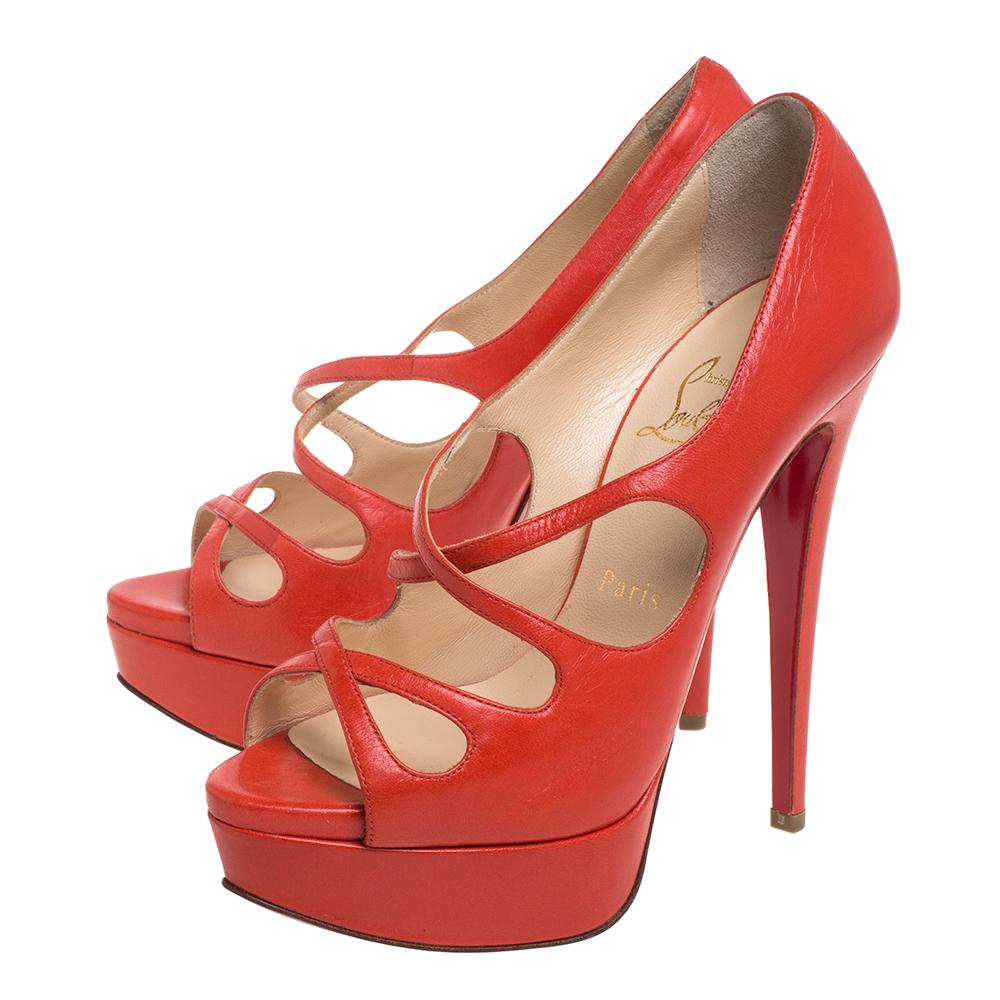 Women's Christian Louboutin Orange Leather Mademoi Criss Cross Peep Toe Pumps Size 36.5