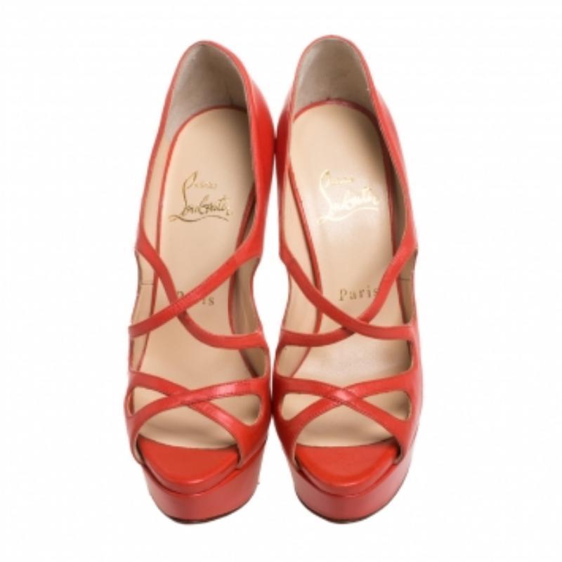 Christian Louboutin Orange Leather Mademoi Criss Cross Peep Toe Pumps Size 36.5 For Sale 2