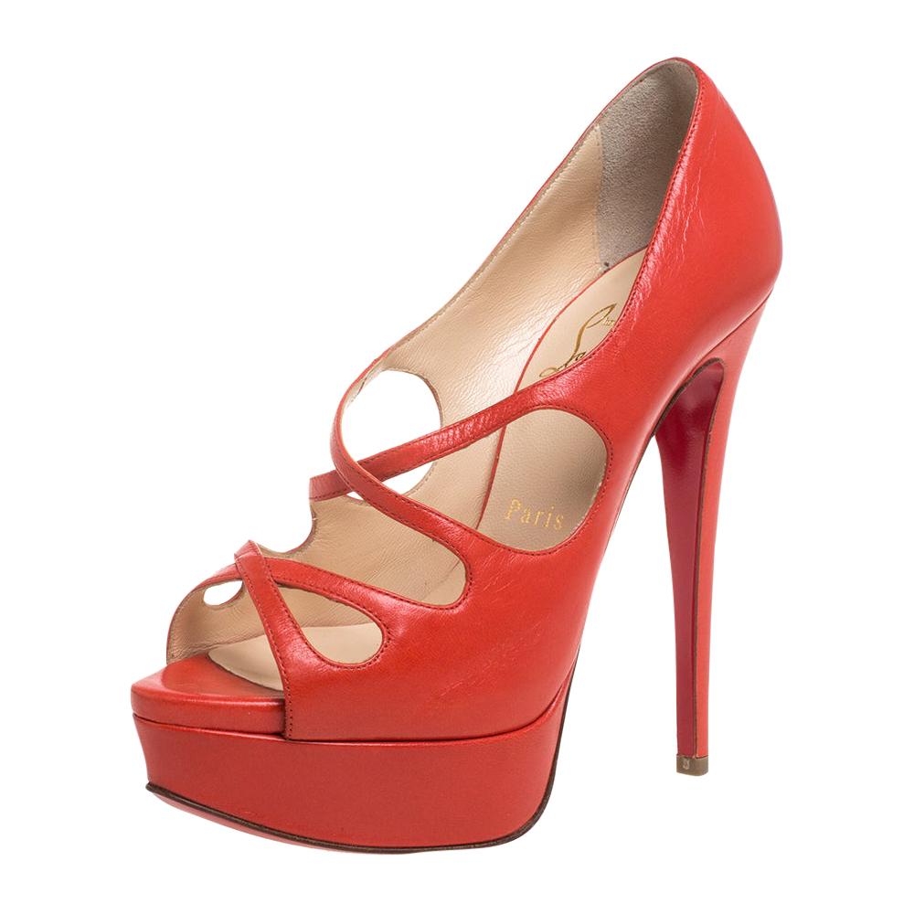 Christian Louboutin Orange Leather Mademoi Criss Cross Peep Toe Pumps Size 36.5