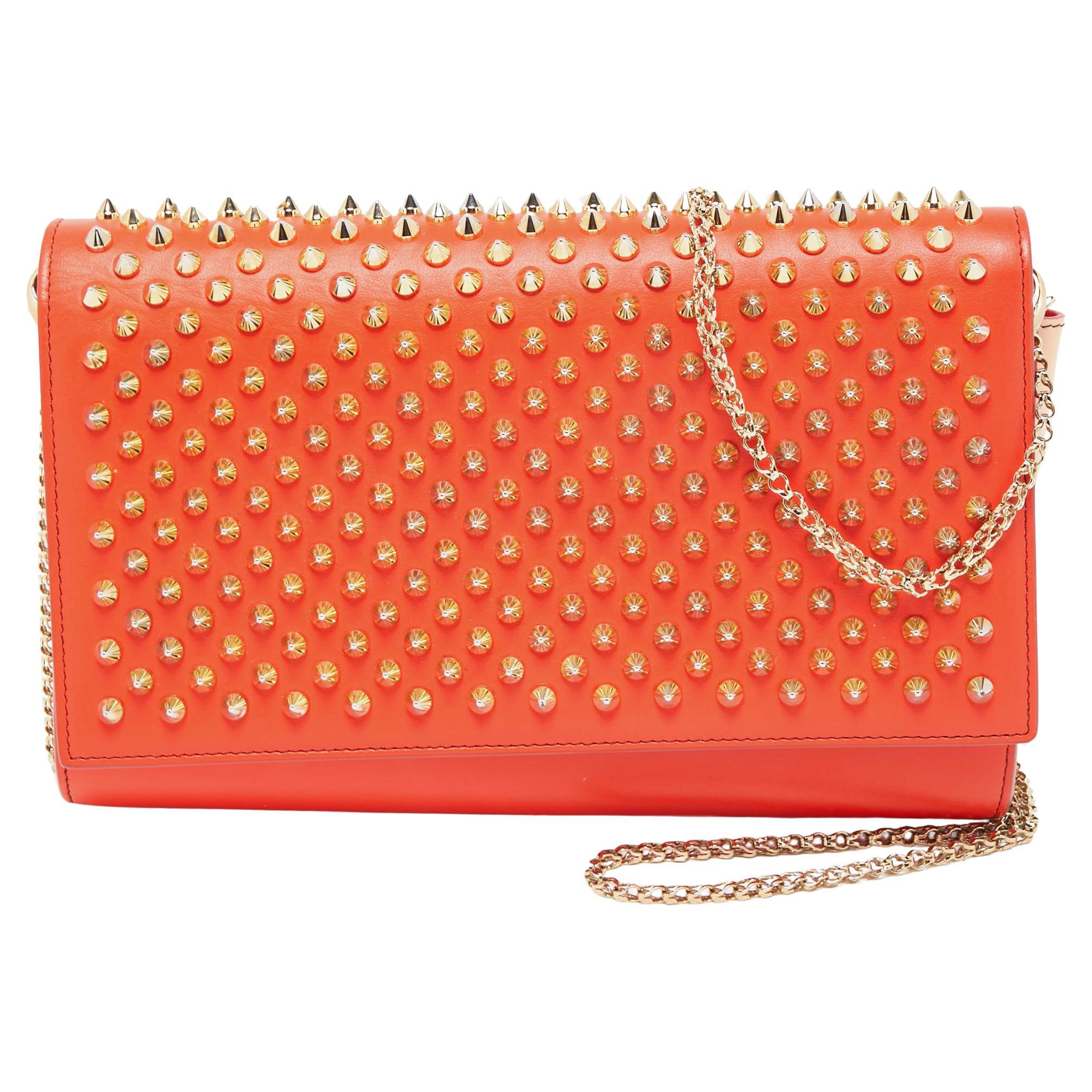 Christian Louboutin Orange Leather Paloma Spiked Chain Clutch