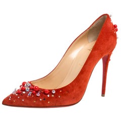 Christian Louboutin Orange Leather Pearl Pop Pointed Toe Pumps Size 39