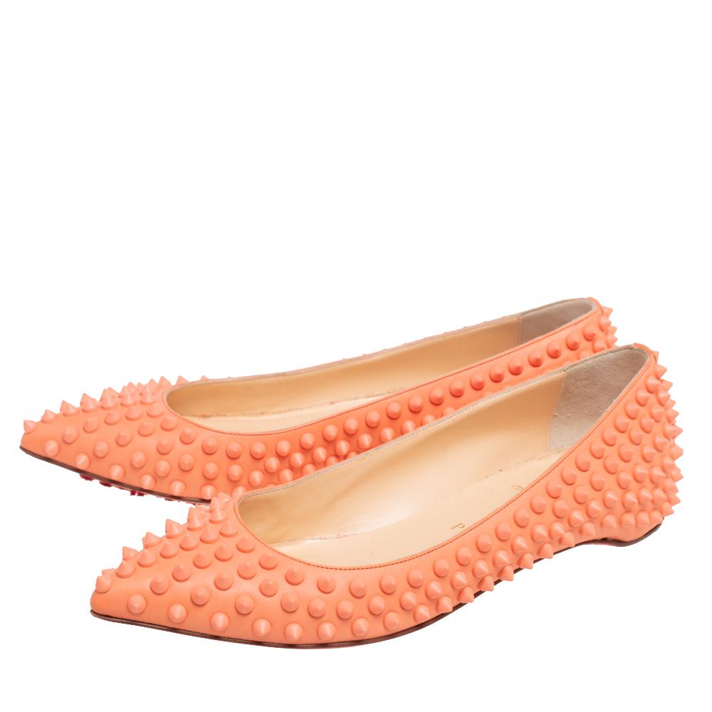 Women's Christian Louboutin Orange Leather Pigalle Spike Ballet Flats Size 37