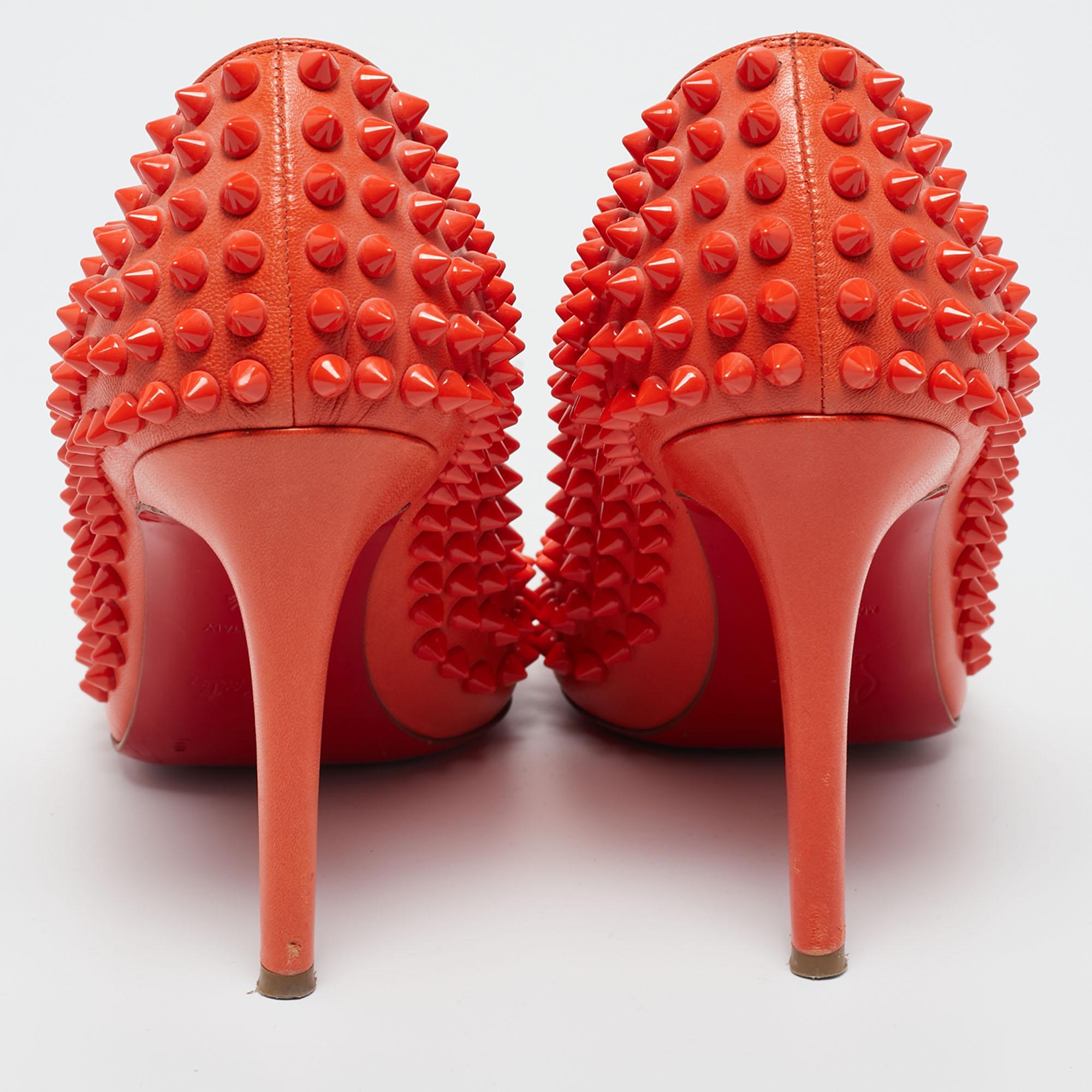Christian Louboutin Orange Leather Pigalle Spikes Pumps Size 37.5 For