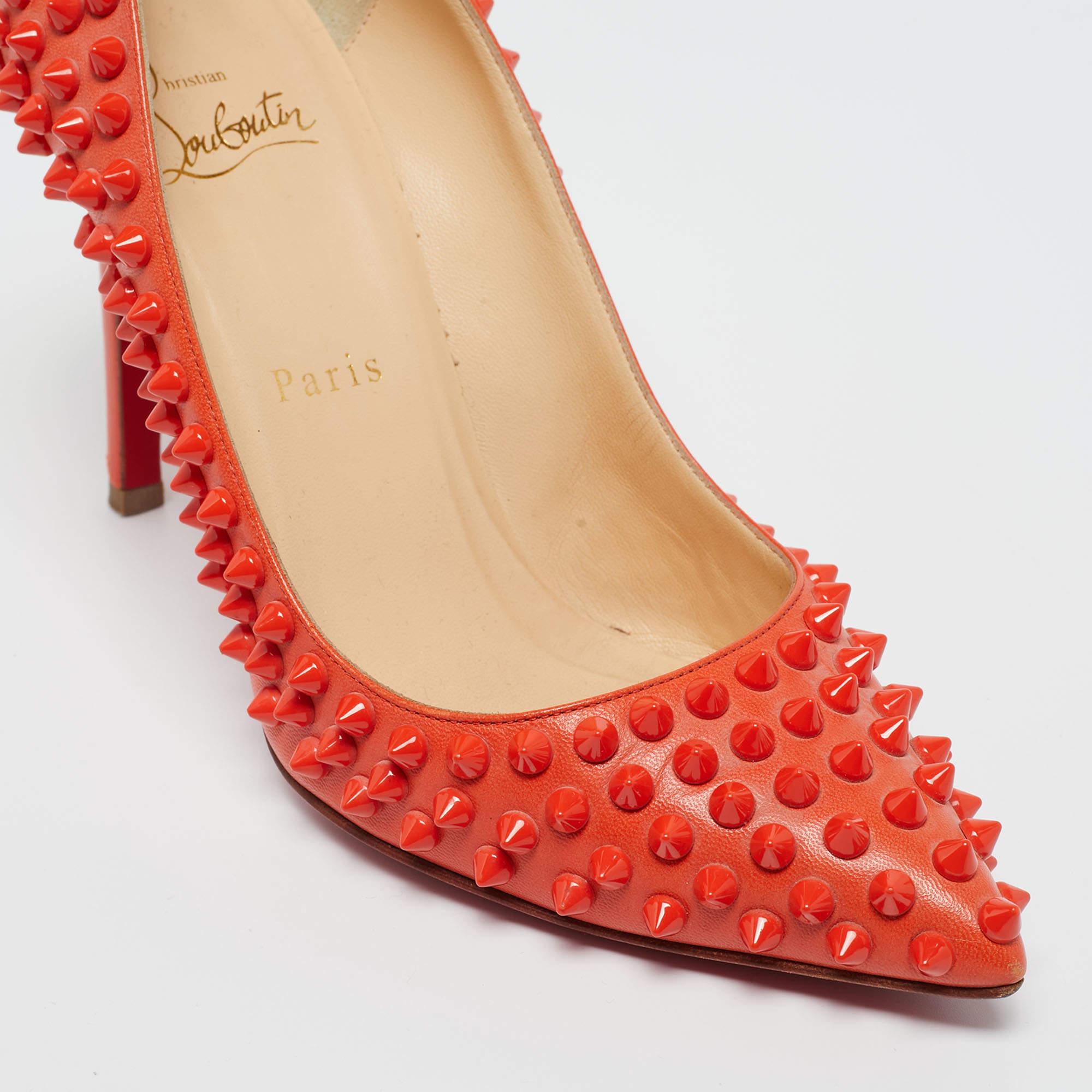 Christian Louboutin Orange Leather Pigalle Spikes Pumps Size 37.5 In Good Condition In Dubai, Al Qouz 2