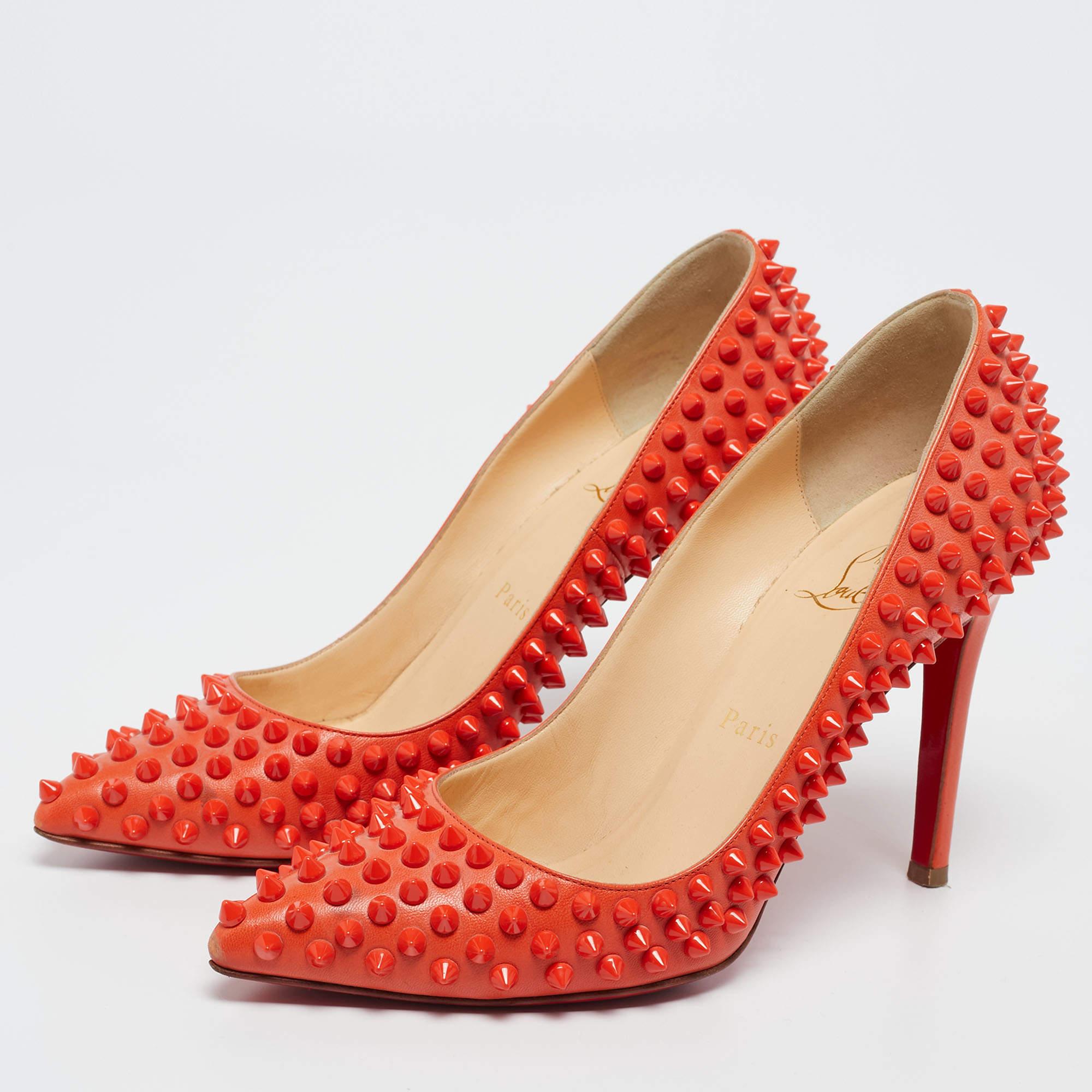 Women's or Men's Christian Louboutin Orange Leather Pigalle Spikes Pumps Size 37.5