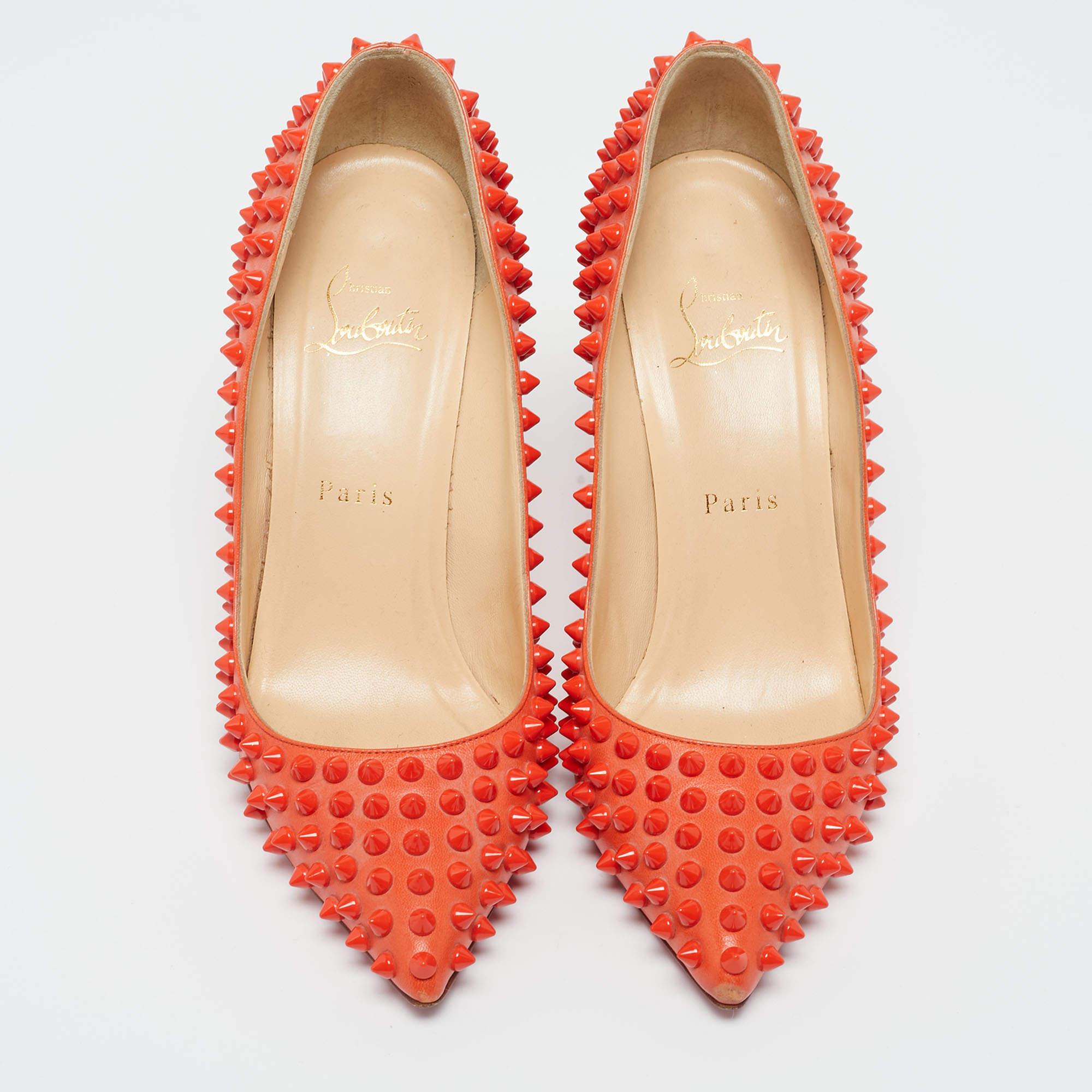 Christian Louboutin Orange Leather Pigalle Spikes Pumps Size 37.5 1