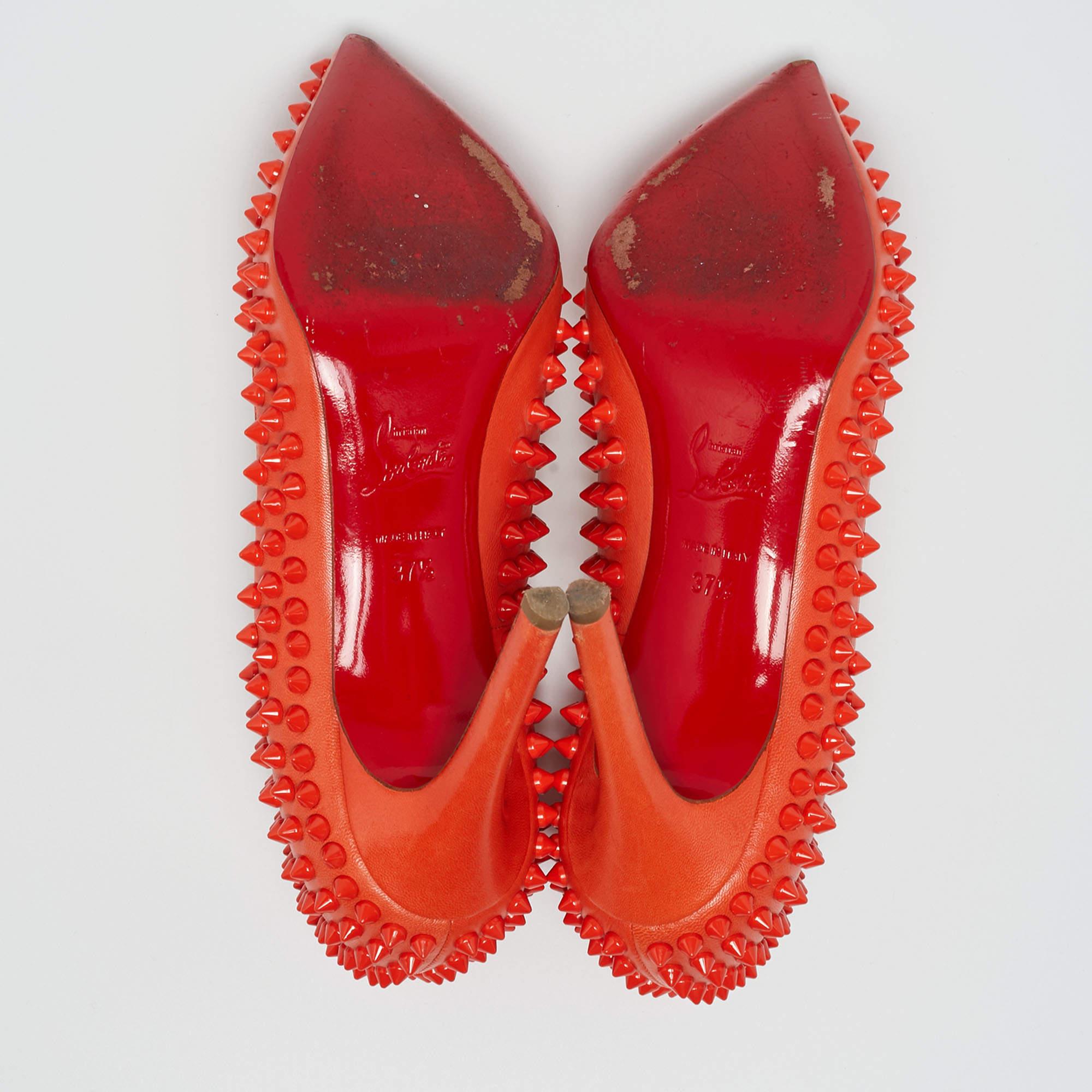 Christian Louboutin Orange Leather Pigalle Spikes Pumps Size 37.5 2
