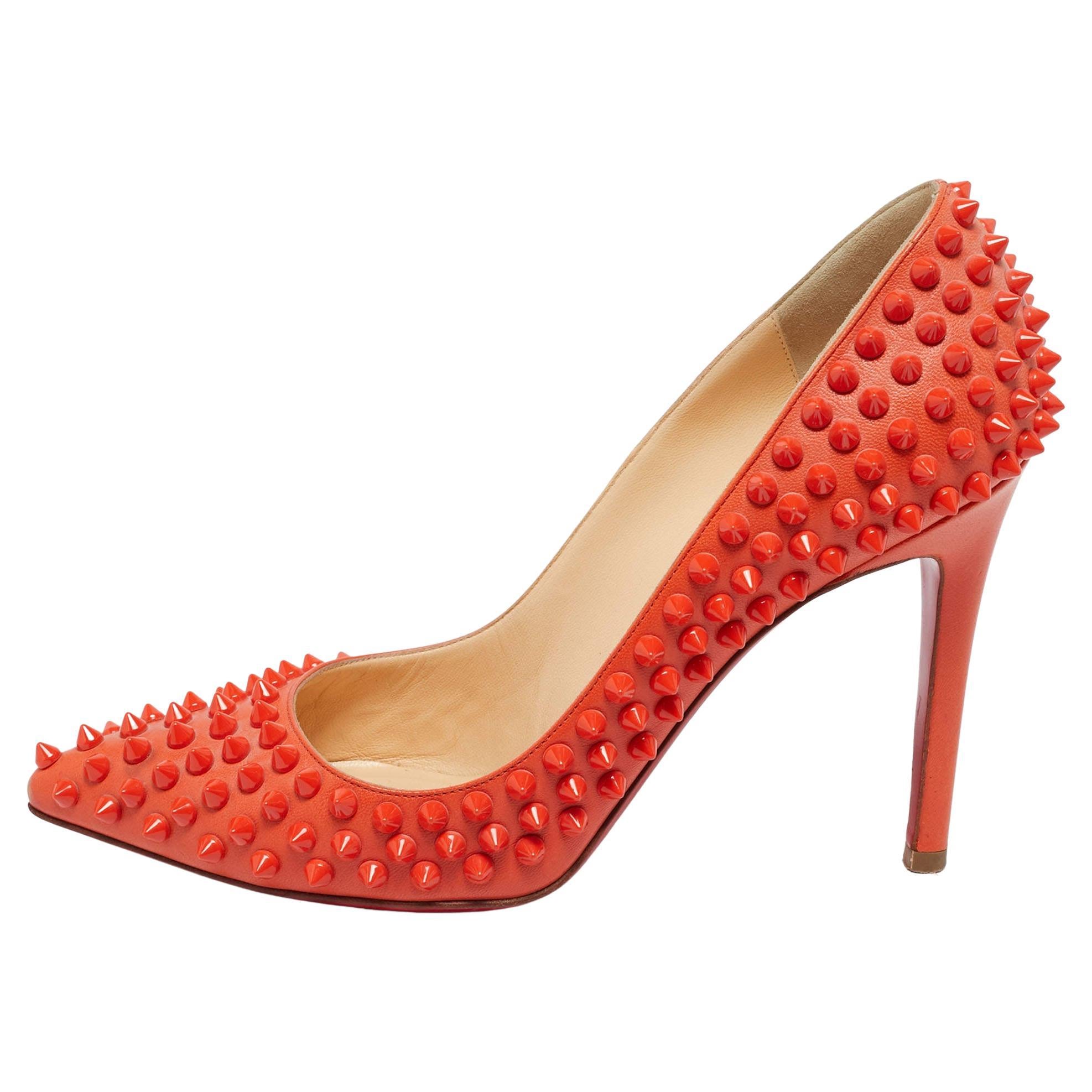 Christian Louboutin Orange Leather Pigalle Spikes Pumps Size 37.5