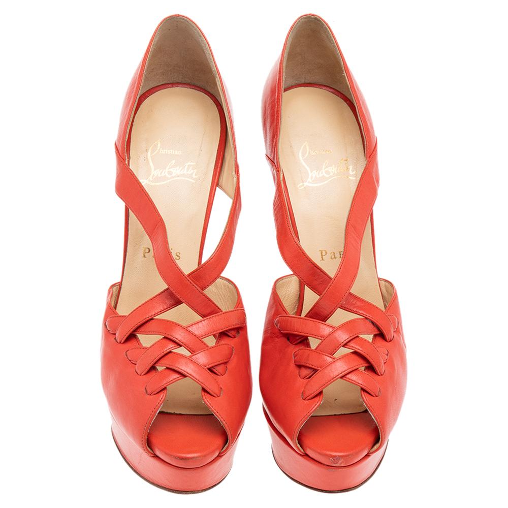 Women's Christian Louboutin Orange Leather Platform Sandals Size 38 For Sale