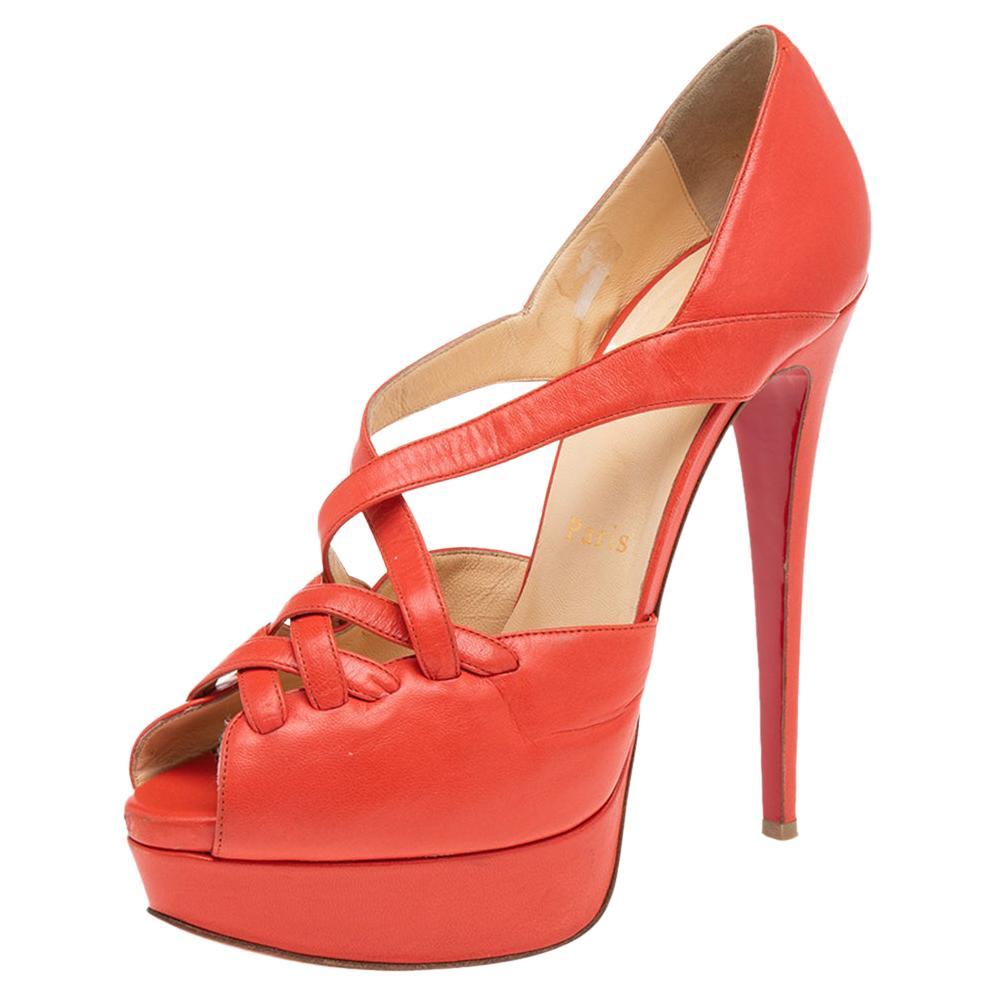 Christian Louboutin Orange Leather Platform Sandals Size 38 For Sale