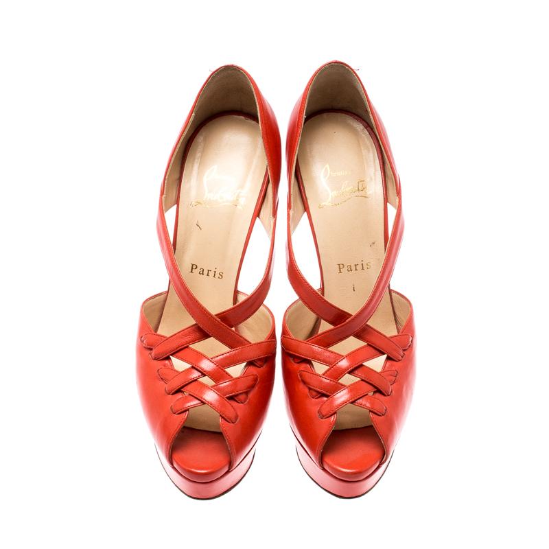 Red Christian Louboutin Orange Leather Platform Sandals Size 38.5
