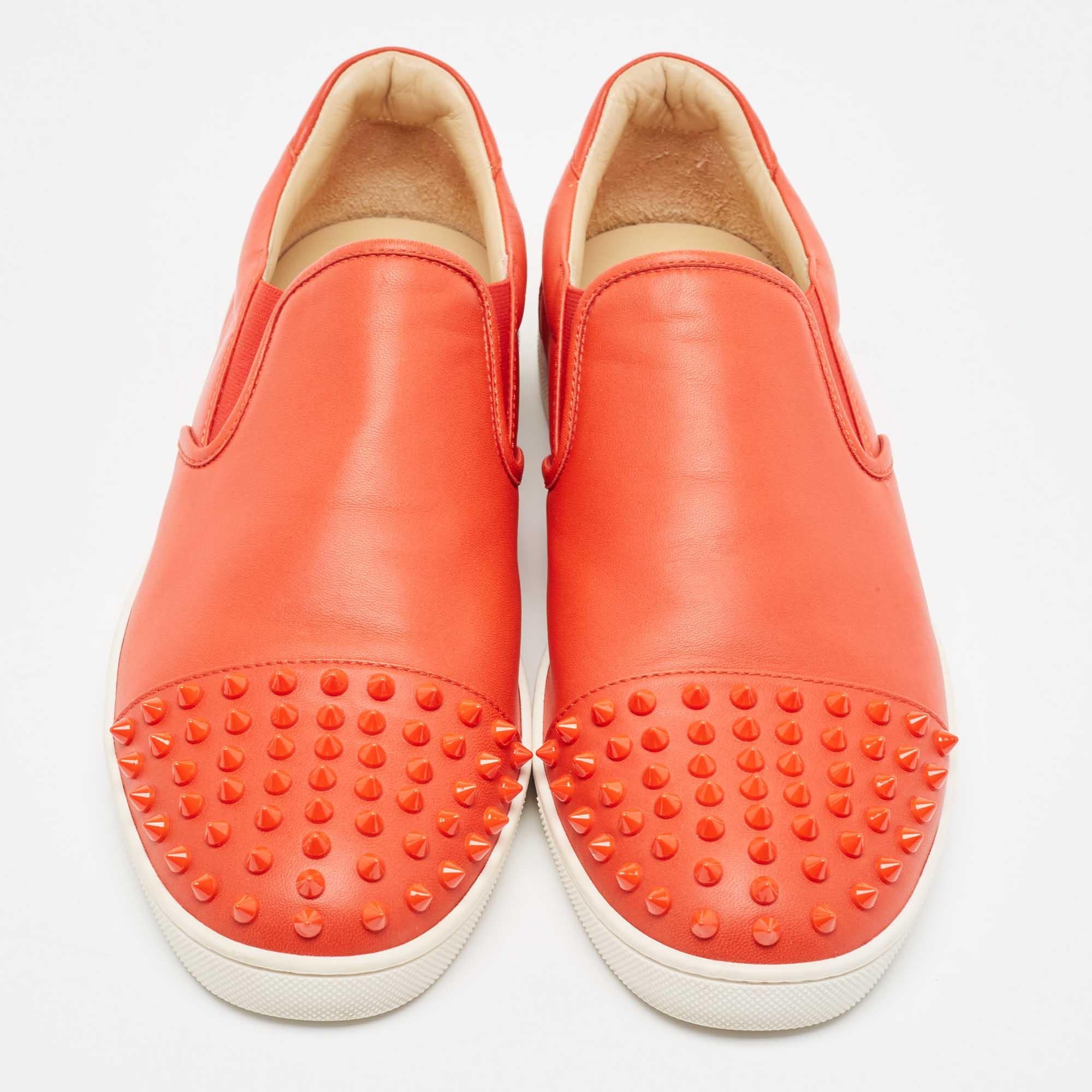 Men's Christian Louboutin Orange Leather Spikes Cap Toe Slip On Sneakers Size 42 For Sale