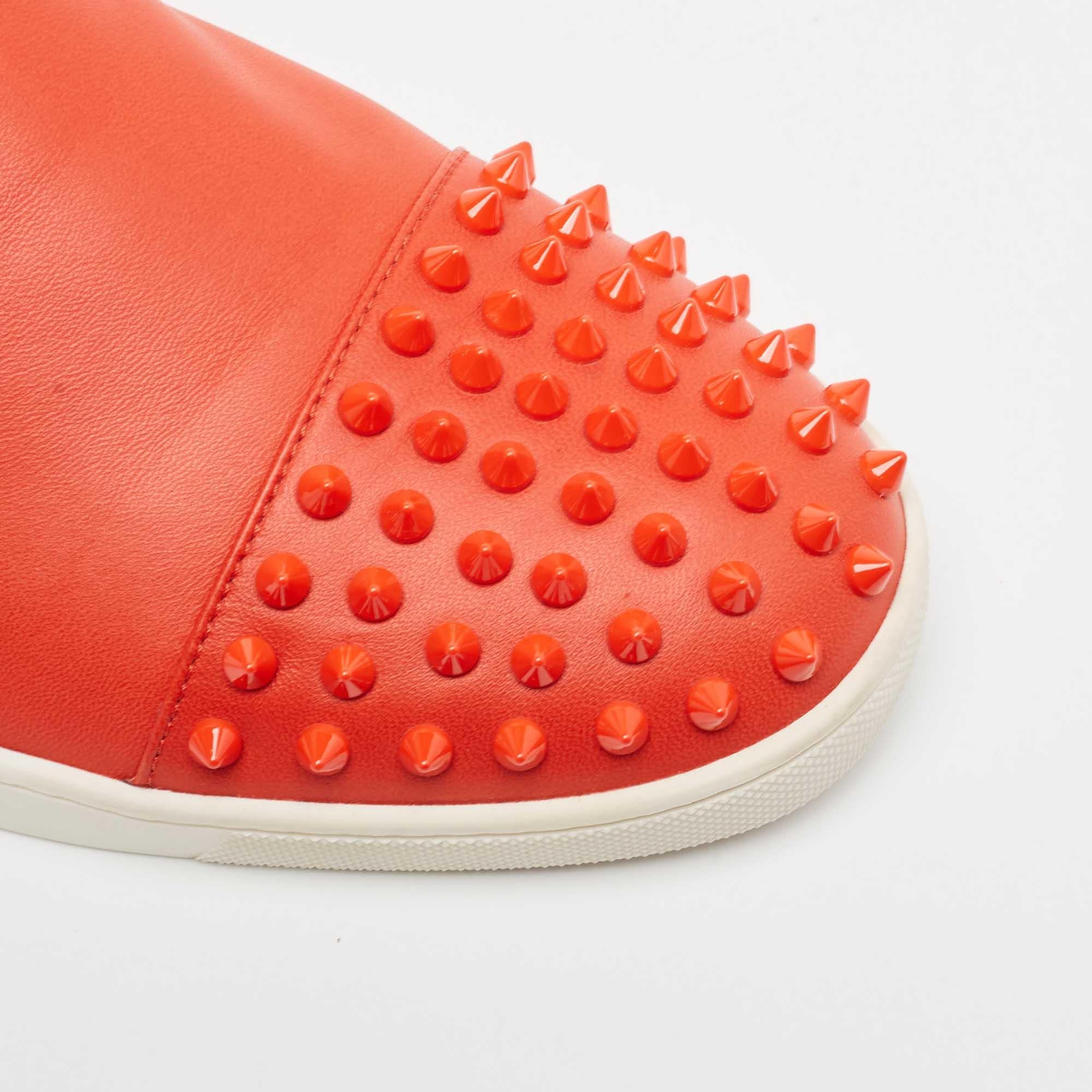 Christian Louboutin Orange Leather Spikes Cap Toe Slip On Sneakers Size 42 For Sale 3