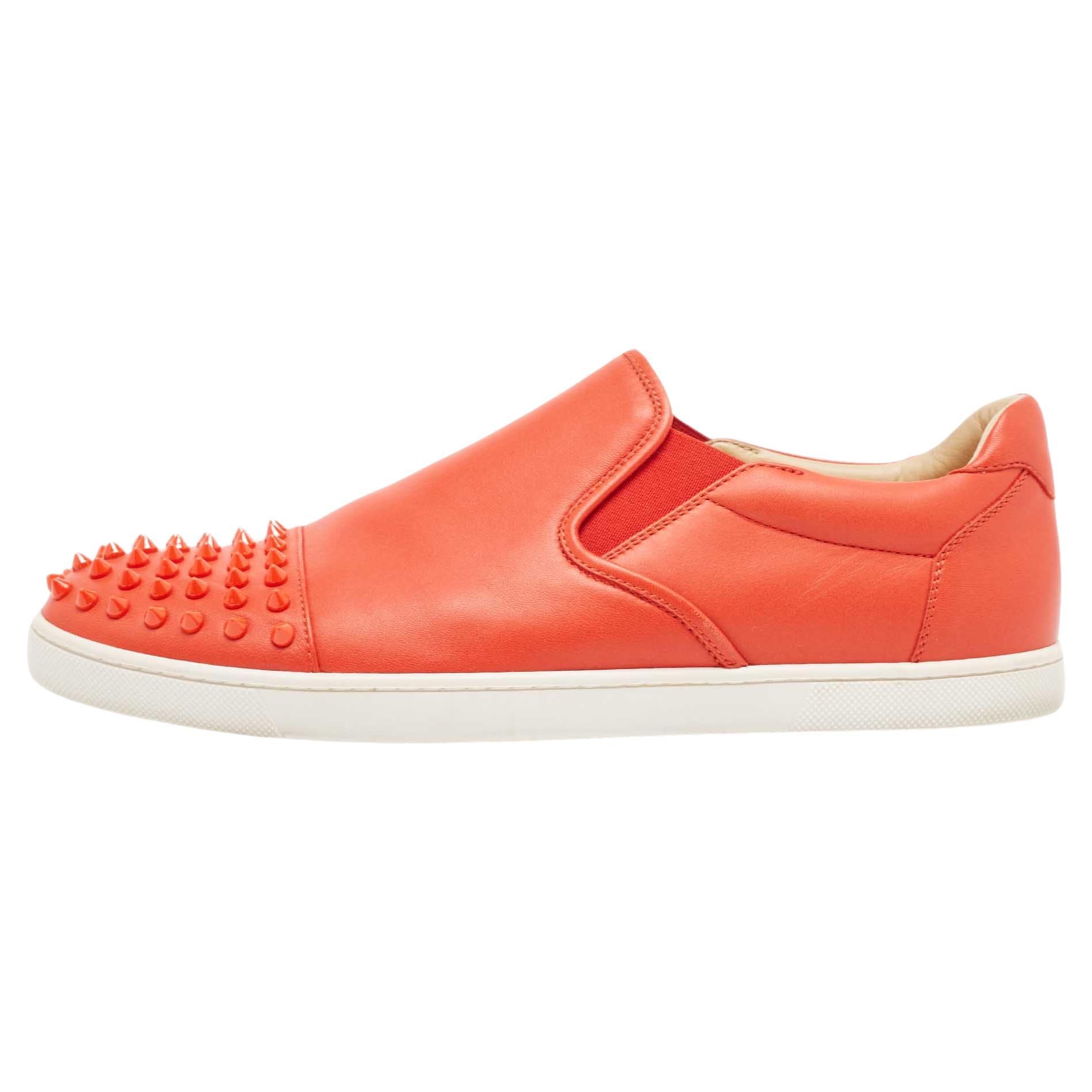 Christian Louboutin Orange Leather Spikes Cap Toe Slip On Sneakers Size 42 For Sale