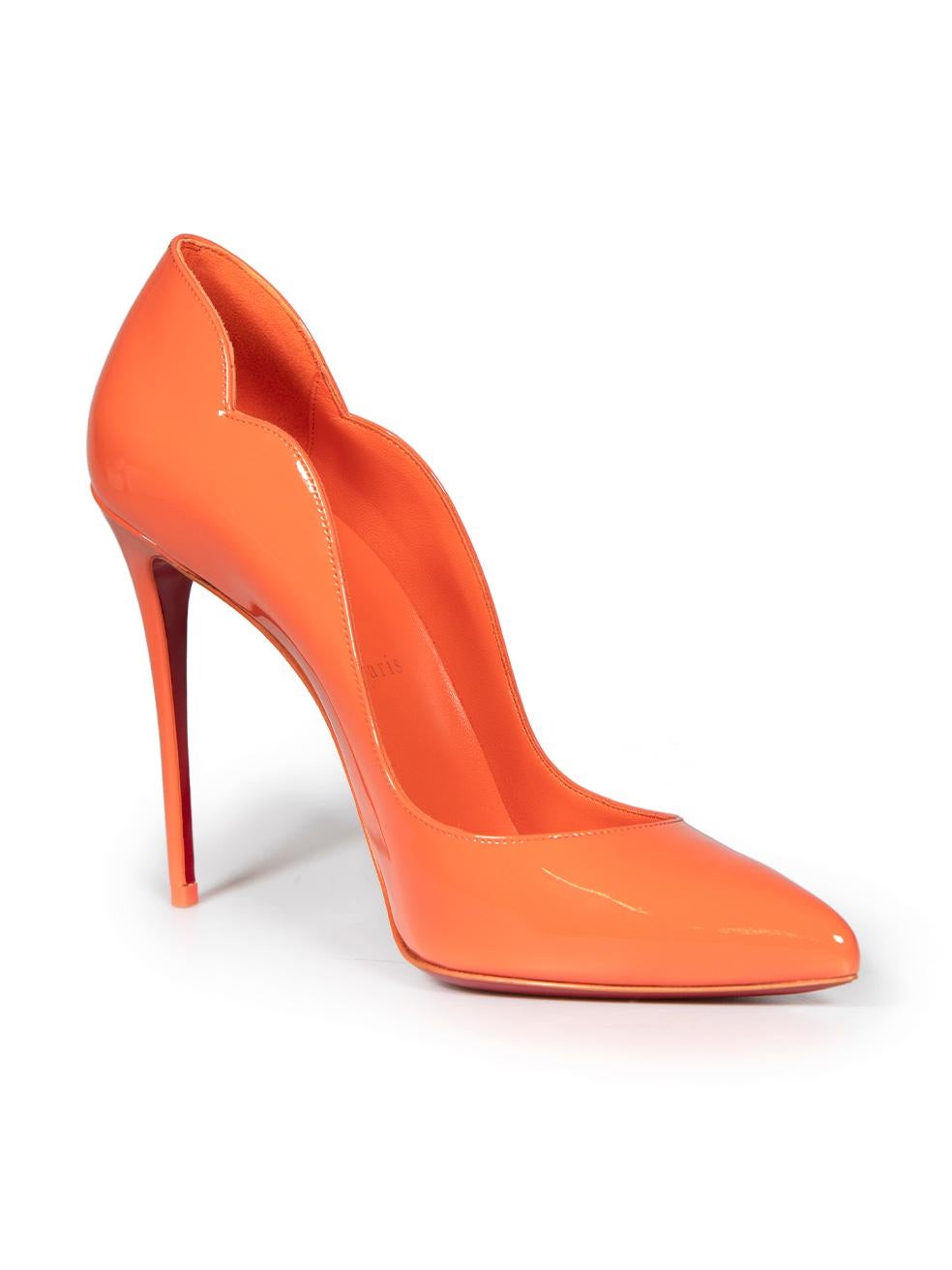 CONDITION is Very good. Hardly any visible wear to shoes is evident on this used Christian Louboutin designer resale item. These shoes come with original box and dust bag.
 
 
 
 Details
 
 
 Model: Hot Chick 100
 
 Orange
 
 Patent leather
 
