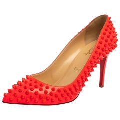 Used Christian Louboutin Orange Patent Leather Pigalle Spike Pumps Size 39.5