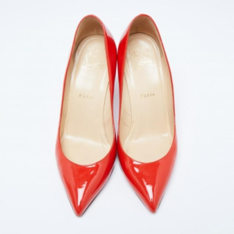 Women's Christian Louboutin Orange Patent Leather Piou Piou Pumps Size 38 For Sale