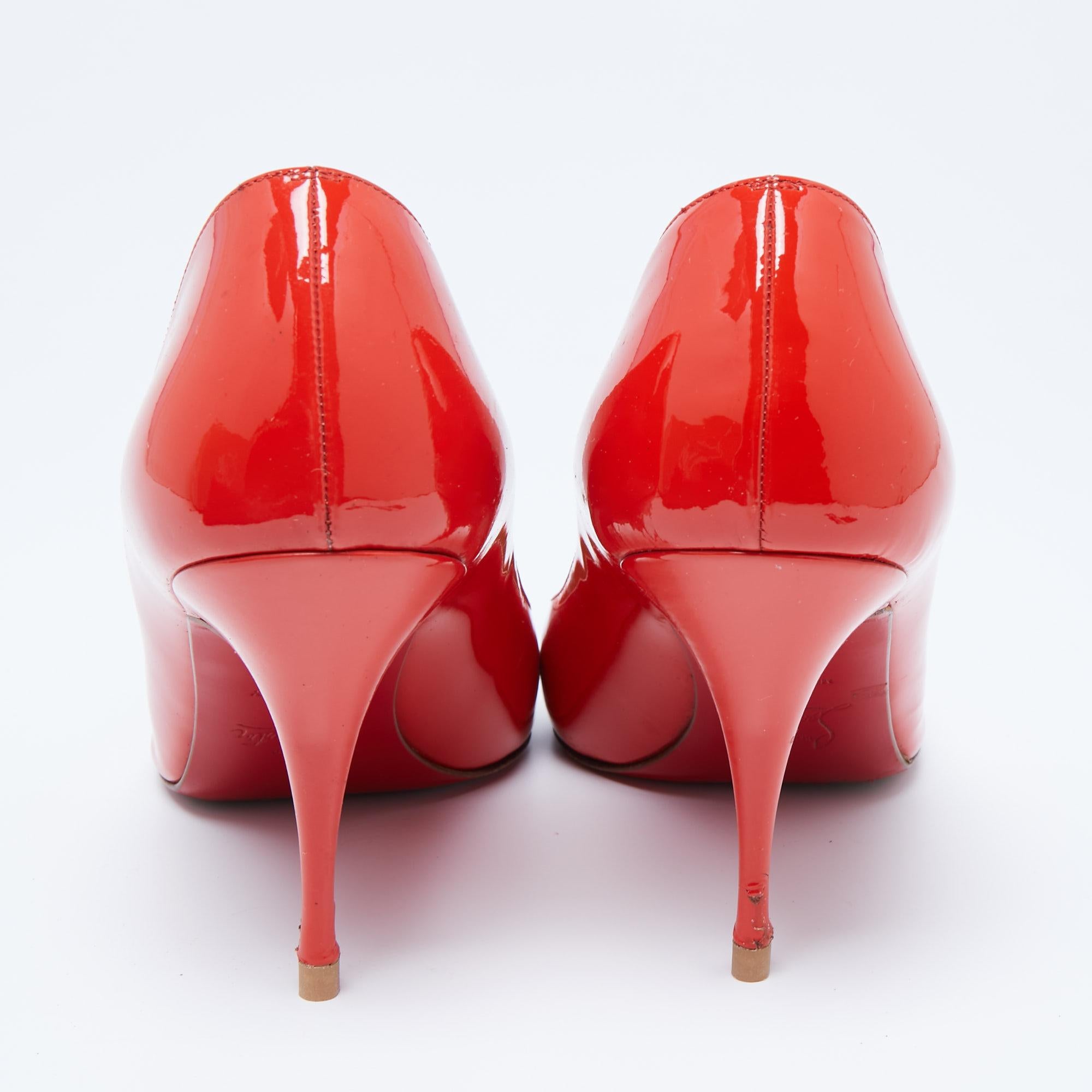 Red Christian Louboutin Orange Patent Leather Piou Piou Pumps Size 38 For Sale