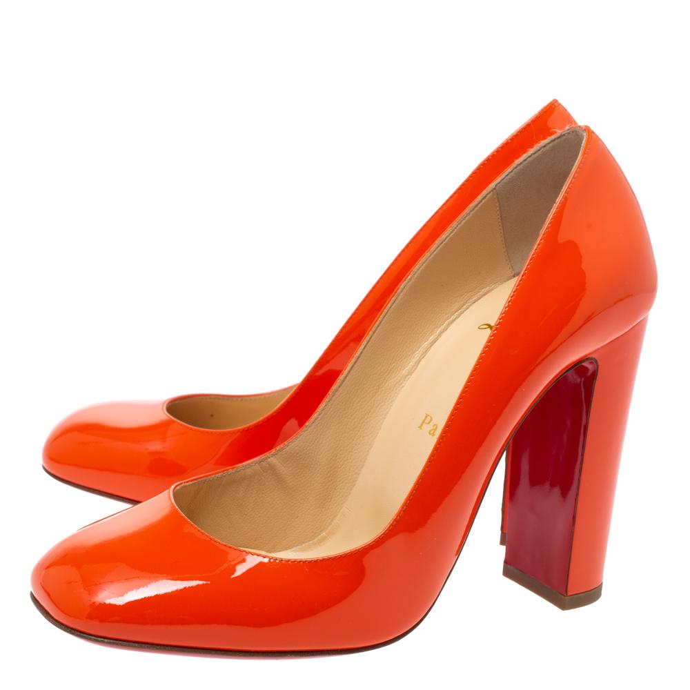 Women's Christian Louboutin Orange Patent Leather Square Toe Pumps Size 38