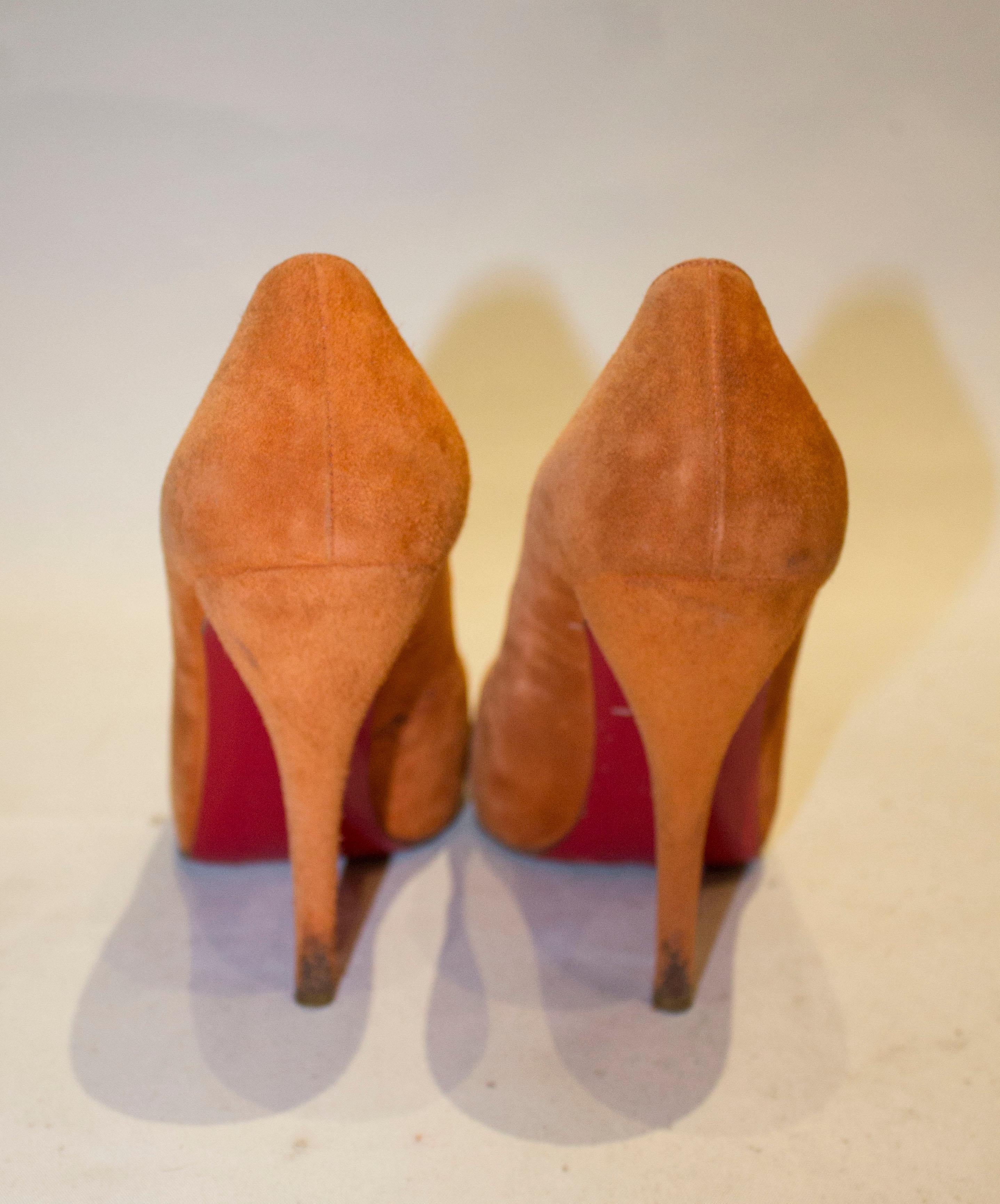 Women's Christian Louboutin Orange Suede Heel with Peep Toe