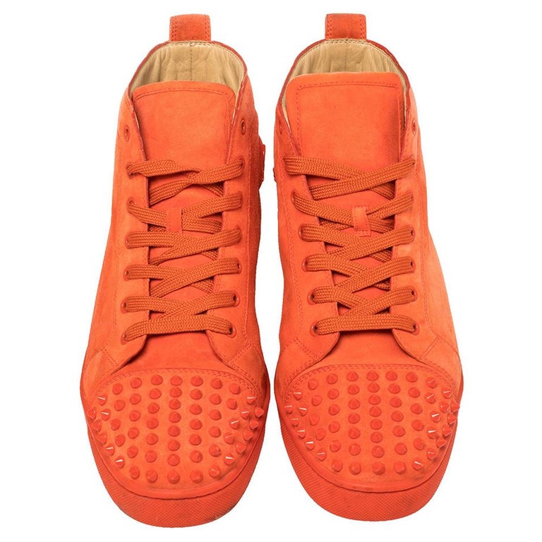 Christian Louboutin Orange Suede Lou Spikes High Top Sneakers Size 47 US 13