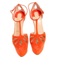 Christian Louboutin Orange Suede T-Strap Mayada Platform Sandals Size 36.5
