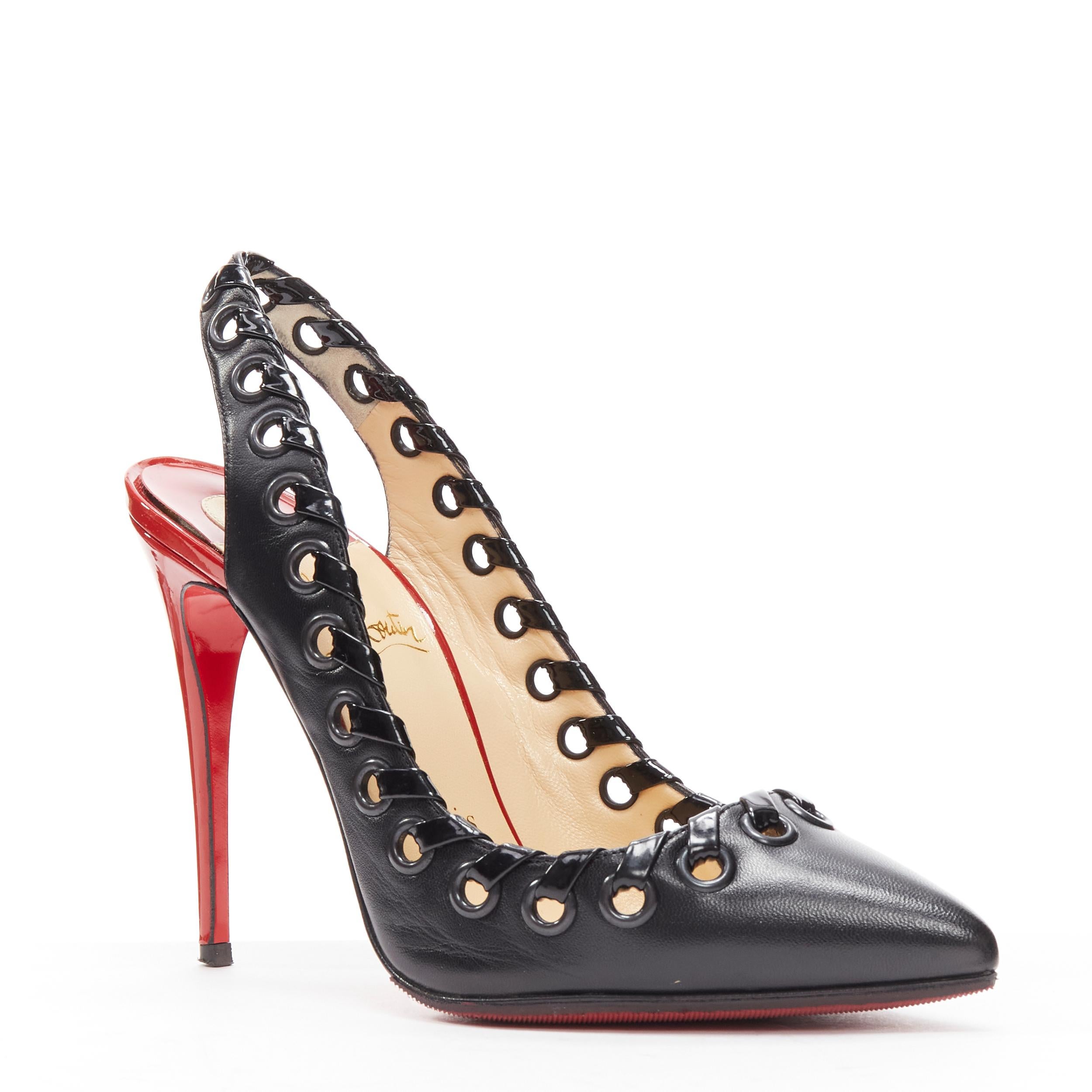 CHRISTIAN LOUBOUTIN Ostri 100 black woven detail sling high heel pumps EU36.5
Reference: TGAS/D00167
Brand: Christian Louboutin
Model: Ostri 100
Material: Leather
Color: Black
Pattern: Solid
Closure: Slingback
Lining: Nude Leather
Extra Details: