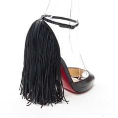 CHRISTIAN LOUBOUTIN Otrot 100 black fringe heel ankle strap peep sandal EU37