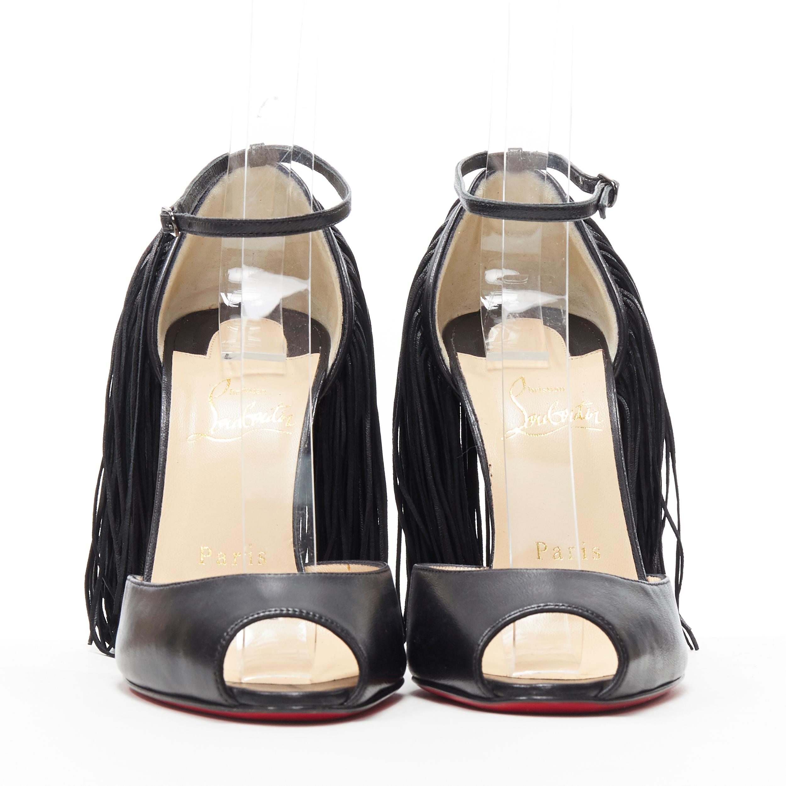 CHRISTIAN LOUBOUTIN Otrot 100 black fringe heel ankle strap peep sandal EU37 In Excellent Condition In Hong Kong, NT