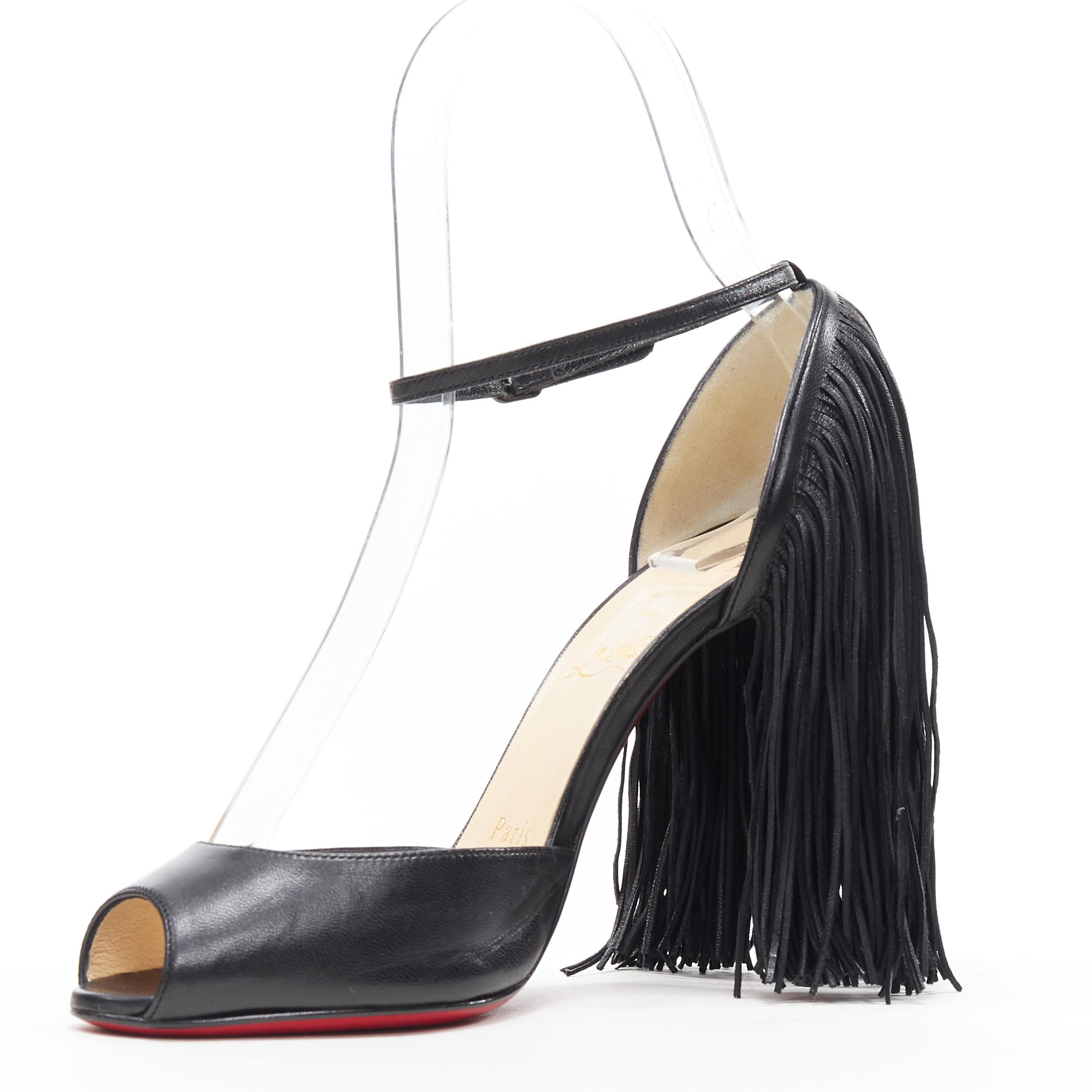 Women's CHRISTIAN LOUBOUTIN Otrot 100 black fringe heel ankle strap peep sandal EU37
